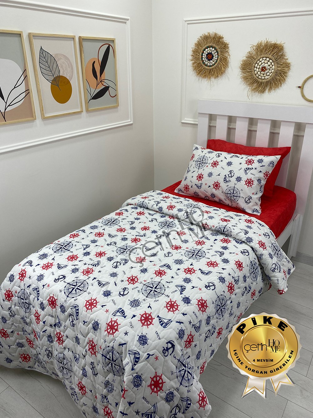 Çetinhome Tek Kişilik Çarşafı Lastikli Kapitone Pike Takımı 4 Mevsim Denizci Kırmızı
