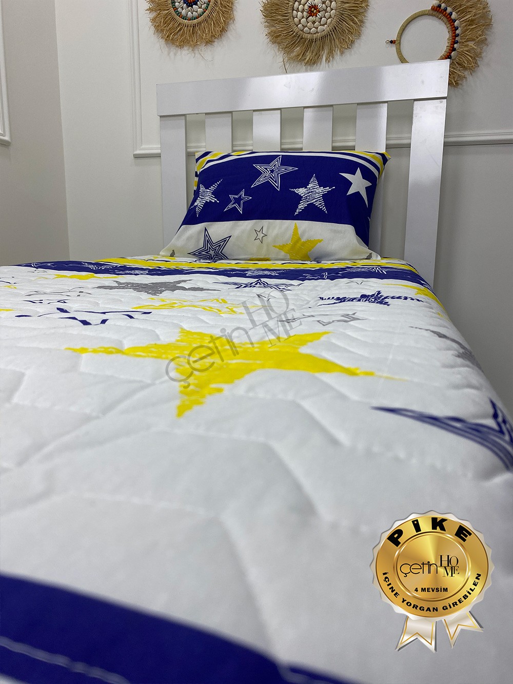 Çetinhome Tek Kişilik Kapitone Pike Seti 4 Mevsim Sarı Lacivert