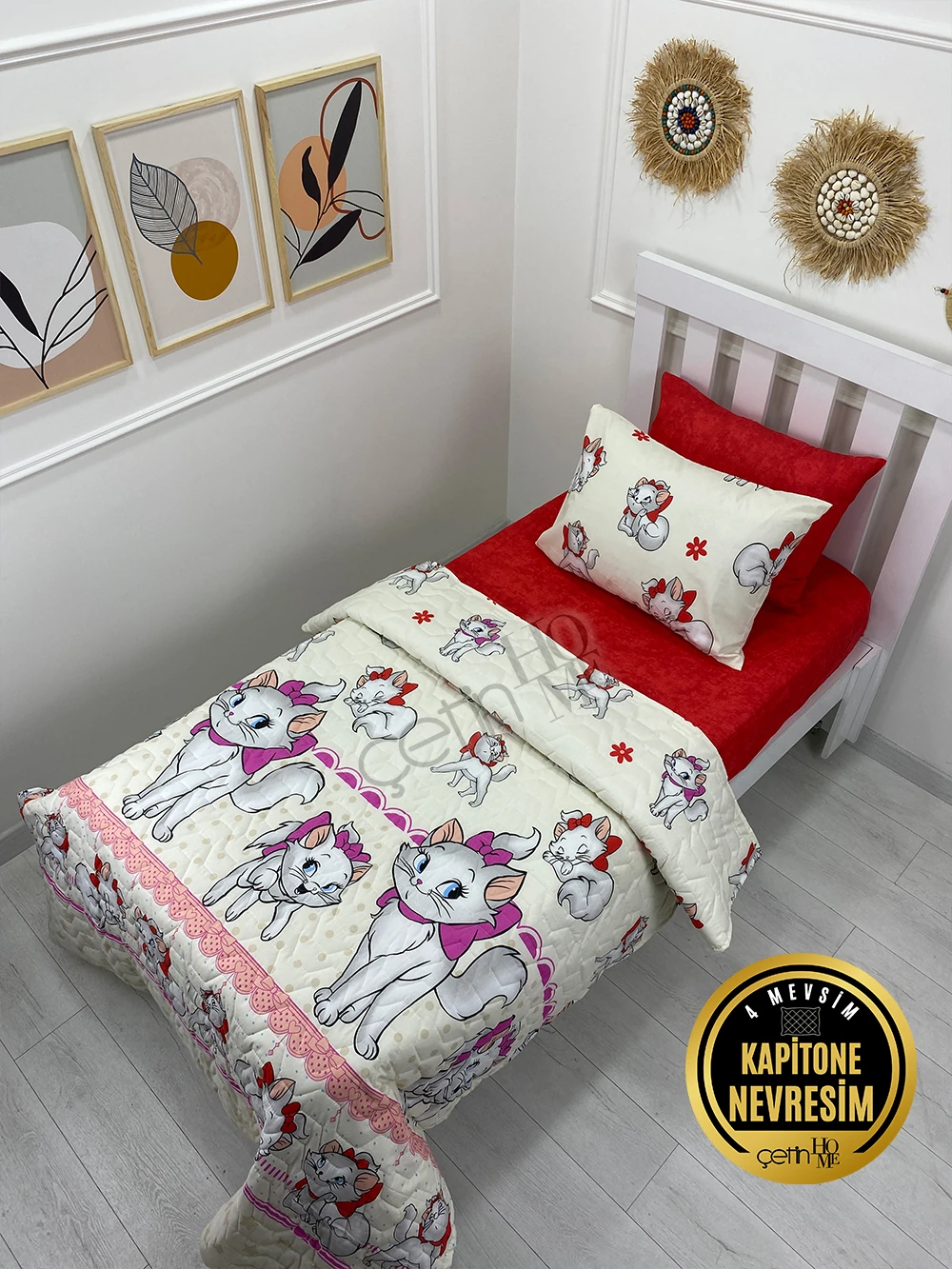 Çetinhome Tek Kişilik Çarşafı Lastikli Kapitone Pike Takımı 4 Mevsim Sevimli Kedi