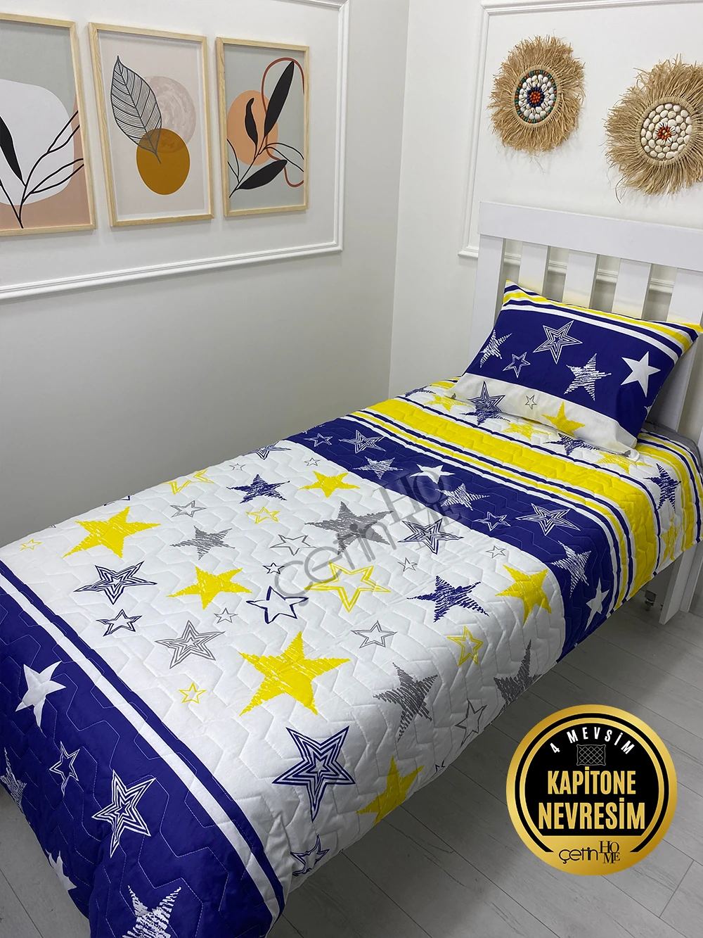 Çetinhome Tek Kişilik Kapitone Pike Seti 4 Mevsim Sarı Lacivert