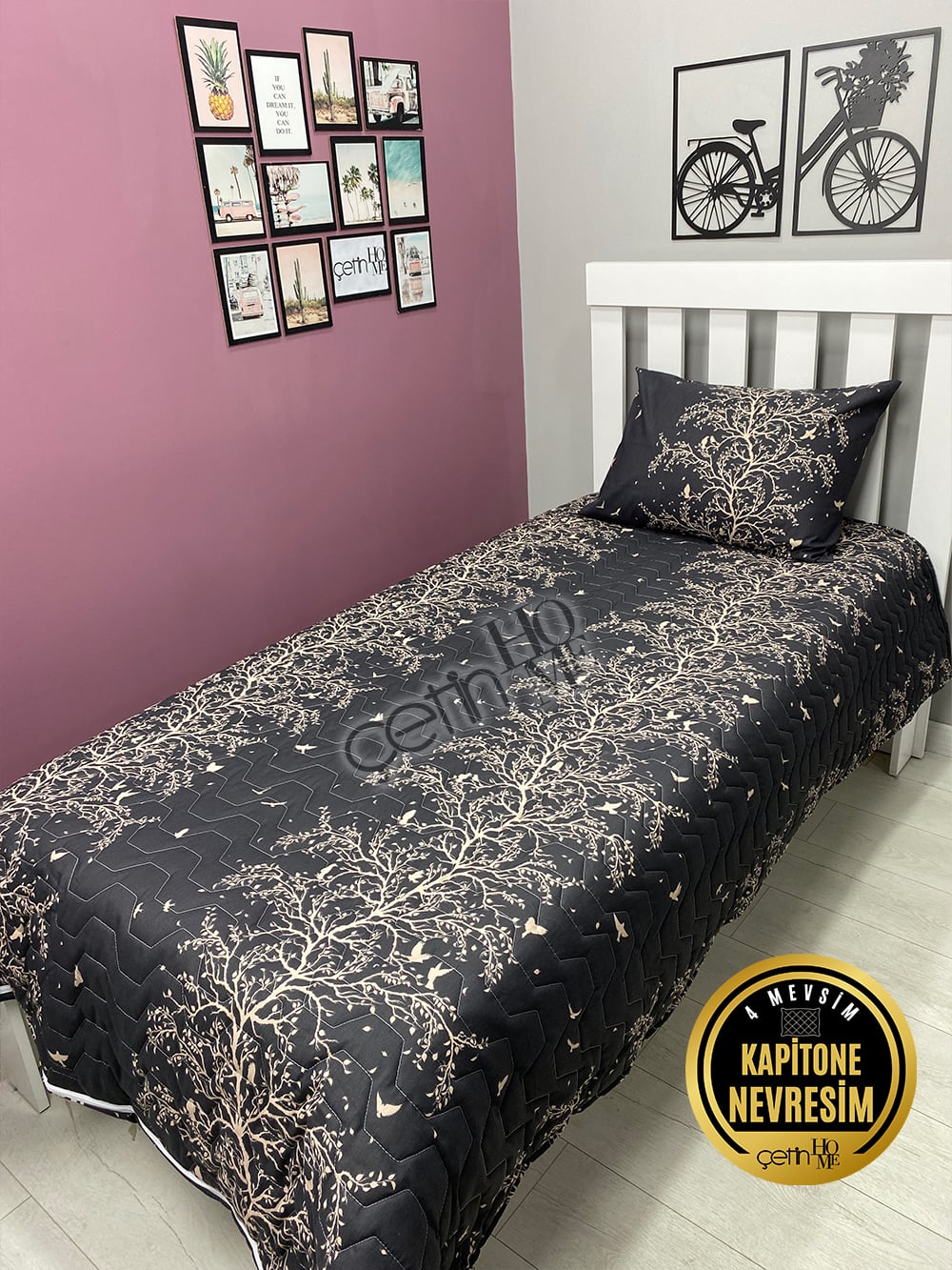 Çetinhome Tek Kişilik Kapitone Pike Seti 4 Mevsim Silva Siyah