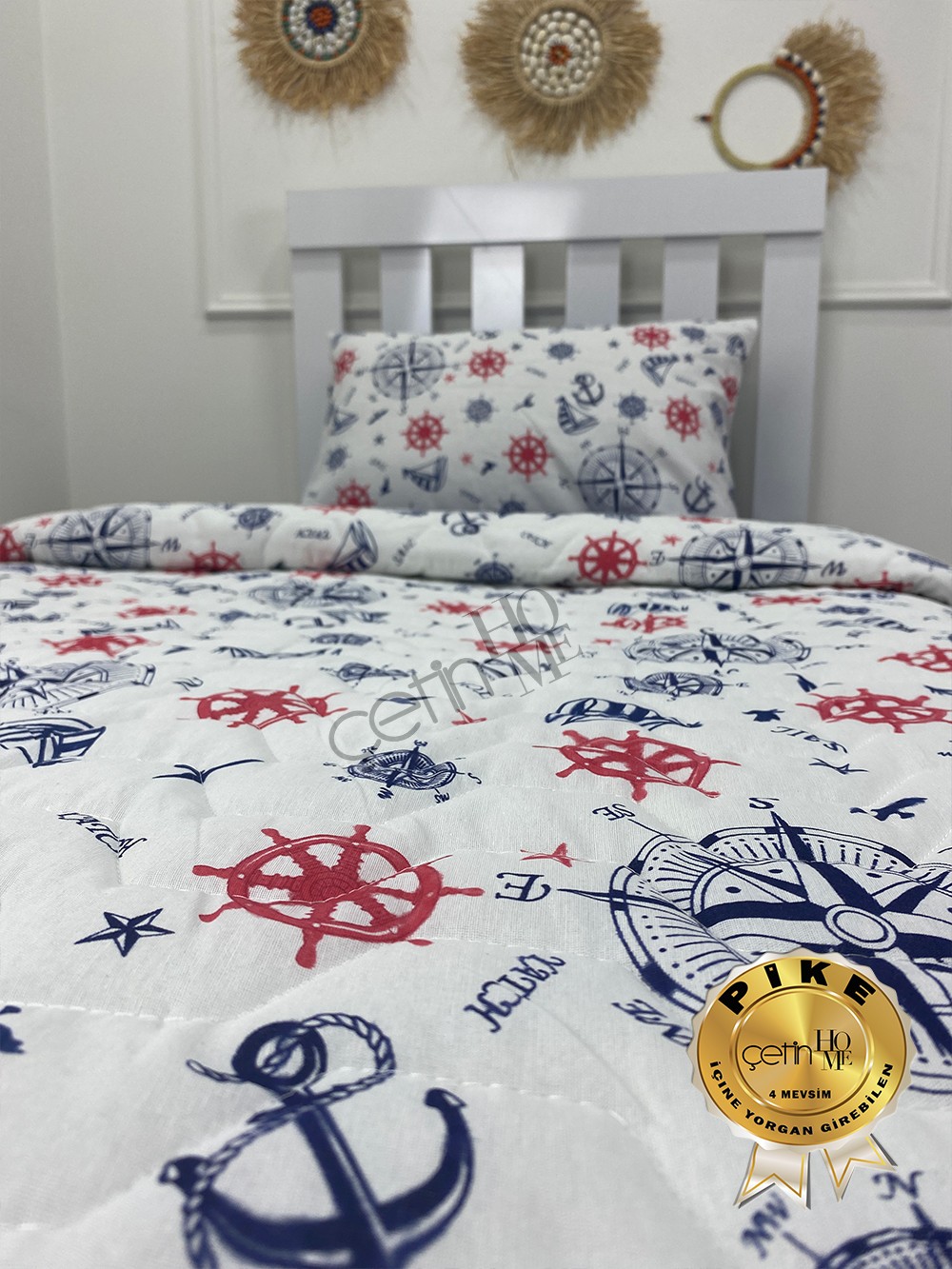 Çetinhome Tek Kişilik Çarşafı Lastikli Kapitone Pike Takımı 4 Mevsim Denizci Mavi