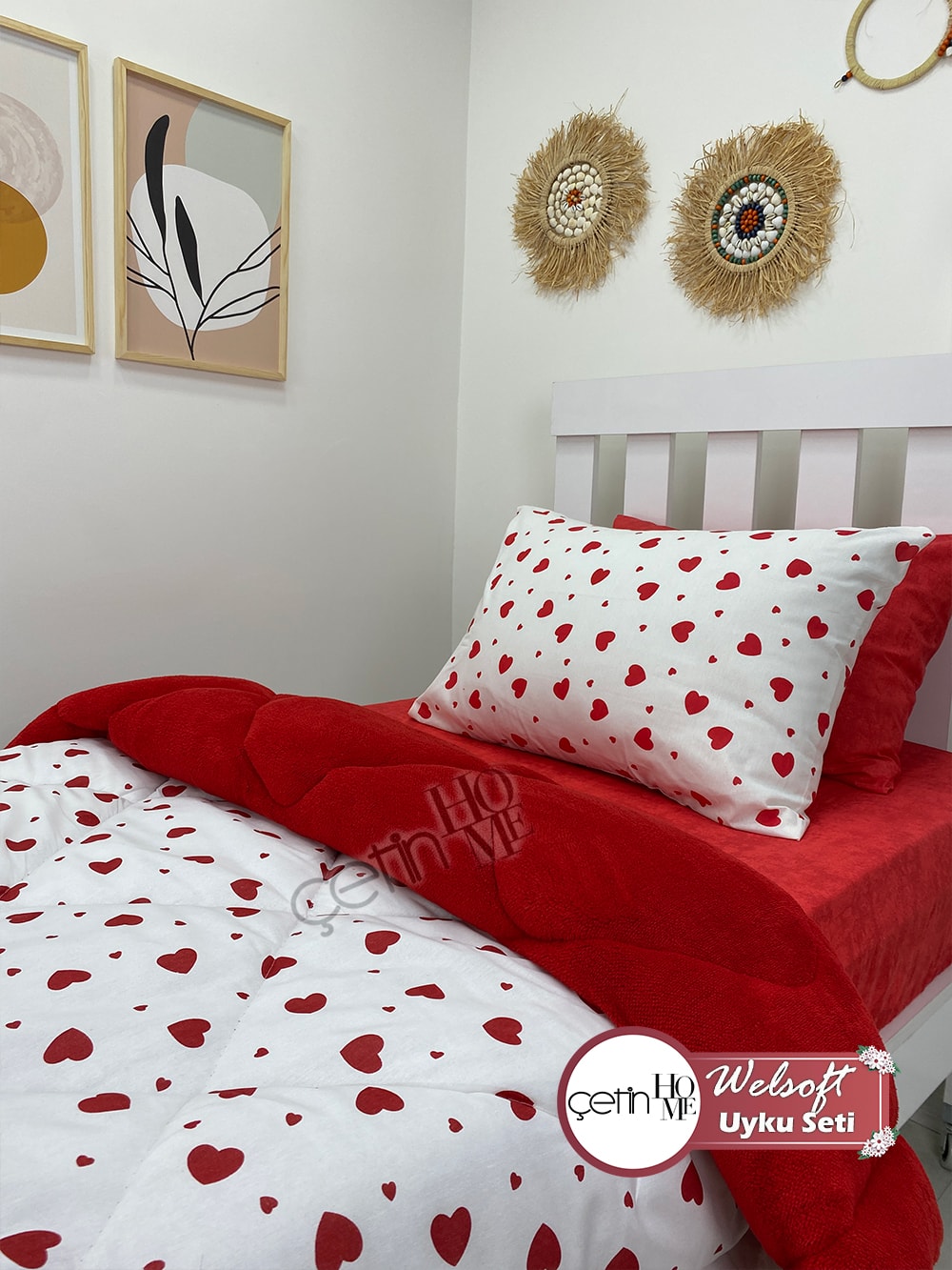 Çetinhome Tek Kişilik Çarşafı Lastikli Desenli Welsoft Yorgan Kalp Kırmızı