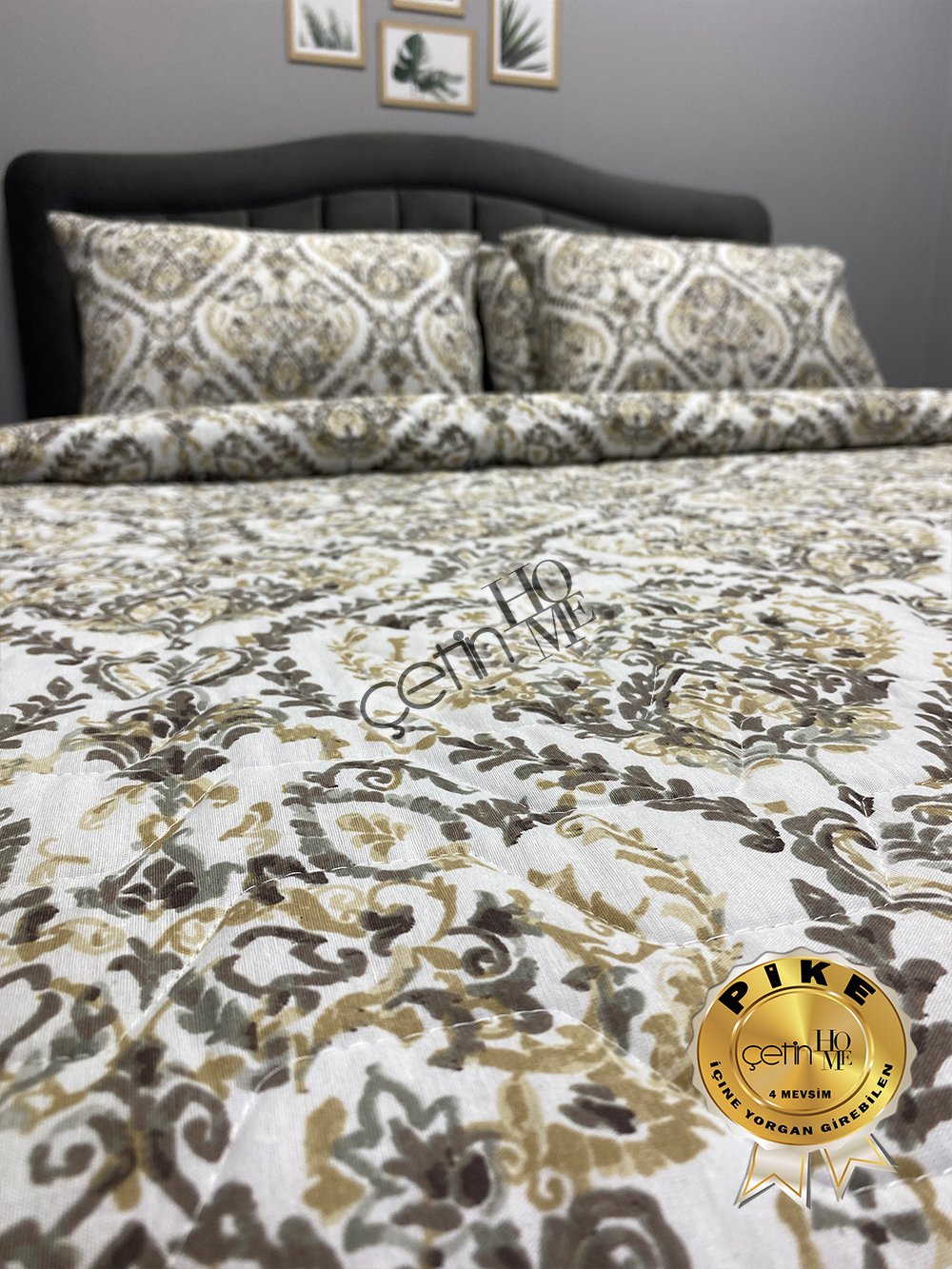 Çetinhome Çift Kişilik Çarşafı Lastikli Kapitone Pike Takımı 4 Mevsim Harem Gold