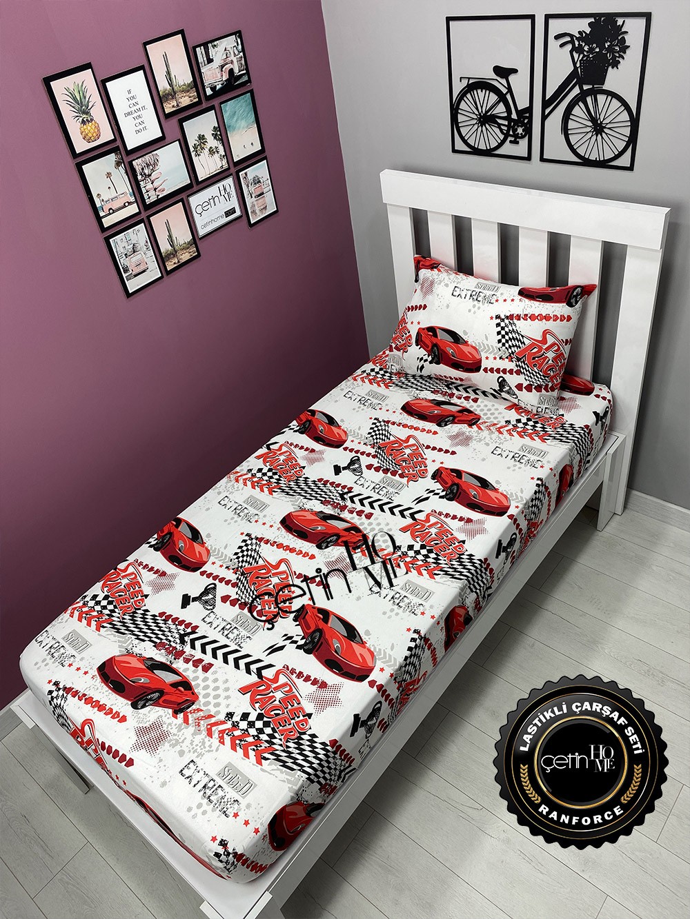 Kumaş Lastikli Çarşaf Seti Tek Kişilik 3 Ebat Red Racer