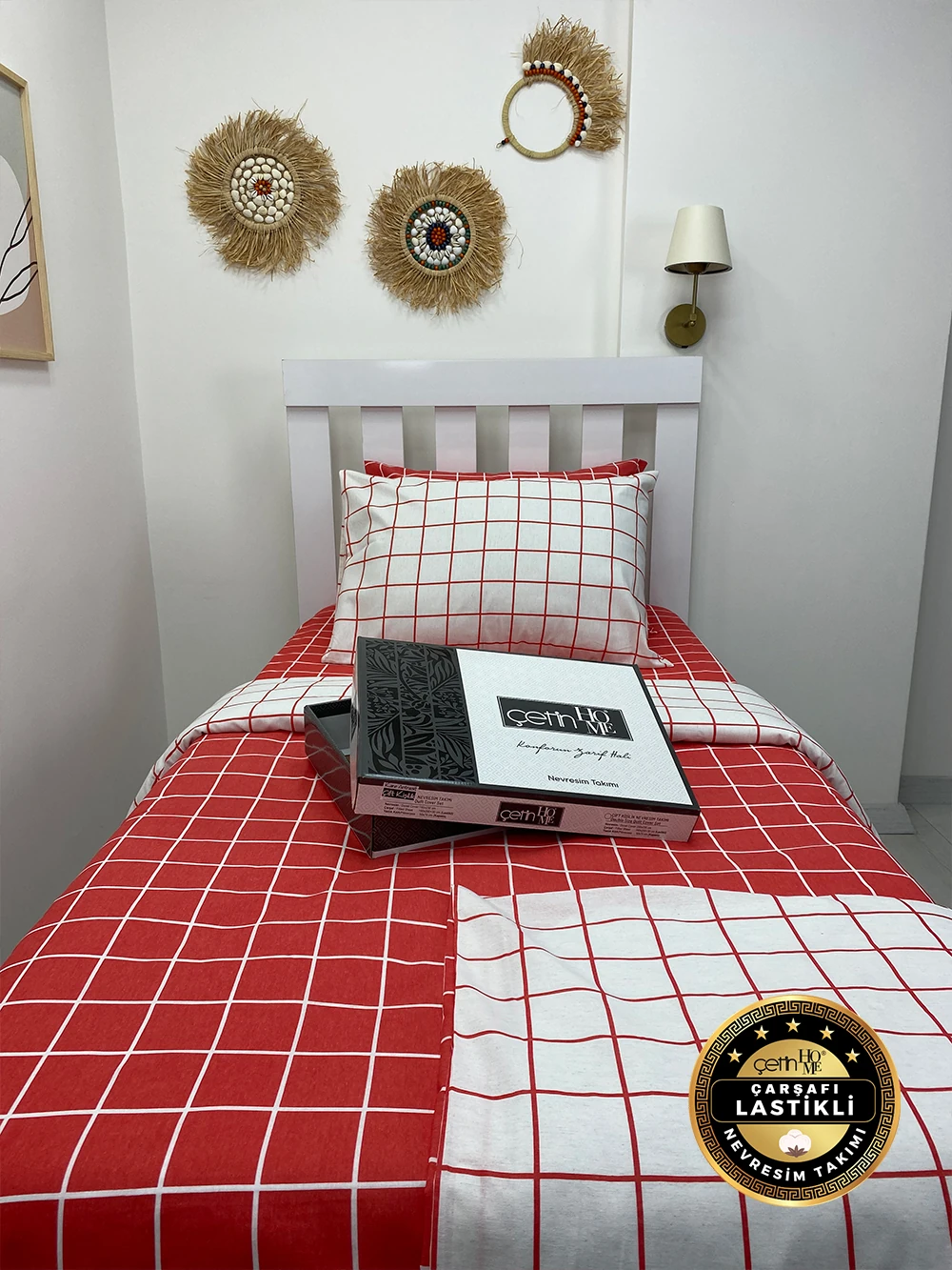 Çetinhome Çarşafı Lastikli Tek Kişilik Nevresim Takımı Kare Kiremit