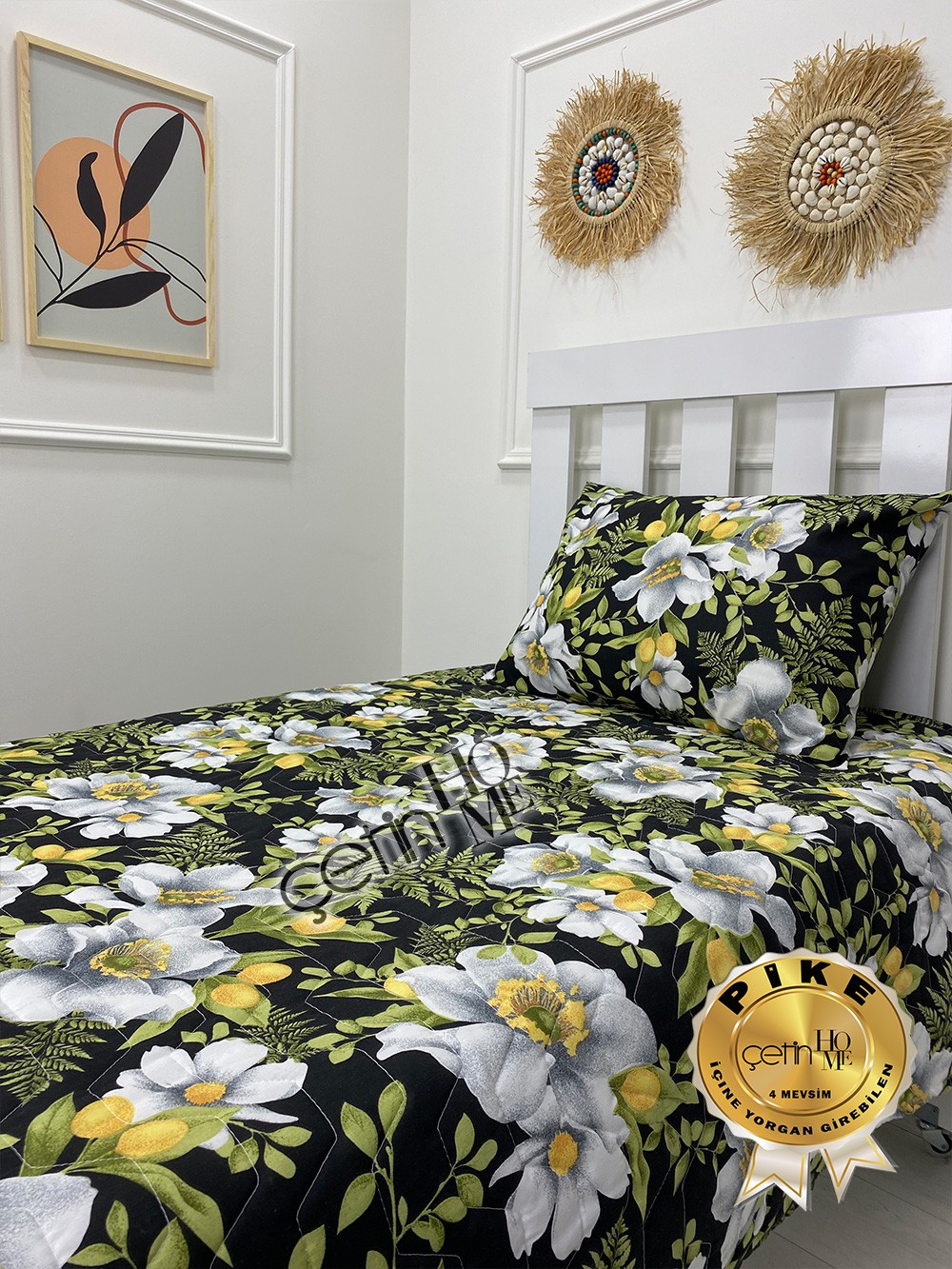 Çetinhome Tek Kişilik Kapitone Pike Seti 4 Mevsim Limon Çiçeği