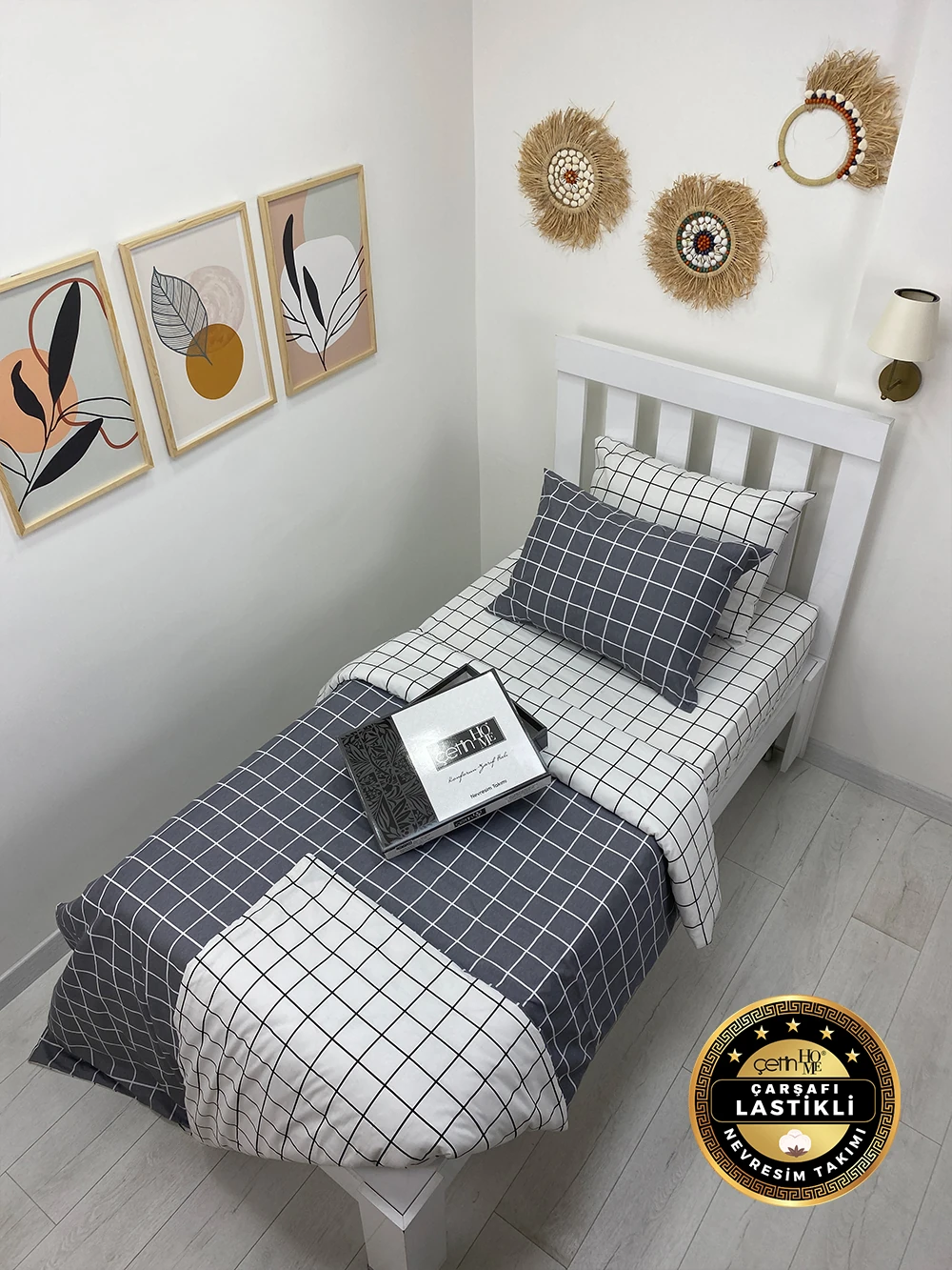 Çetinhome Çarşafı Lastikli Tek Kişilik Nevresim Takımı Kare Antrasit