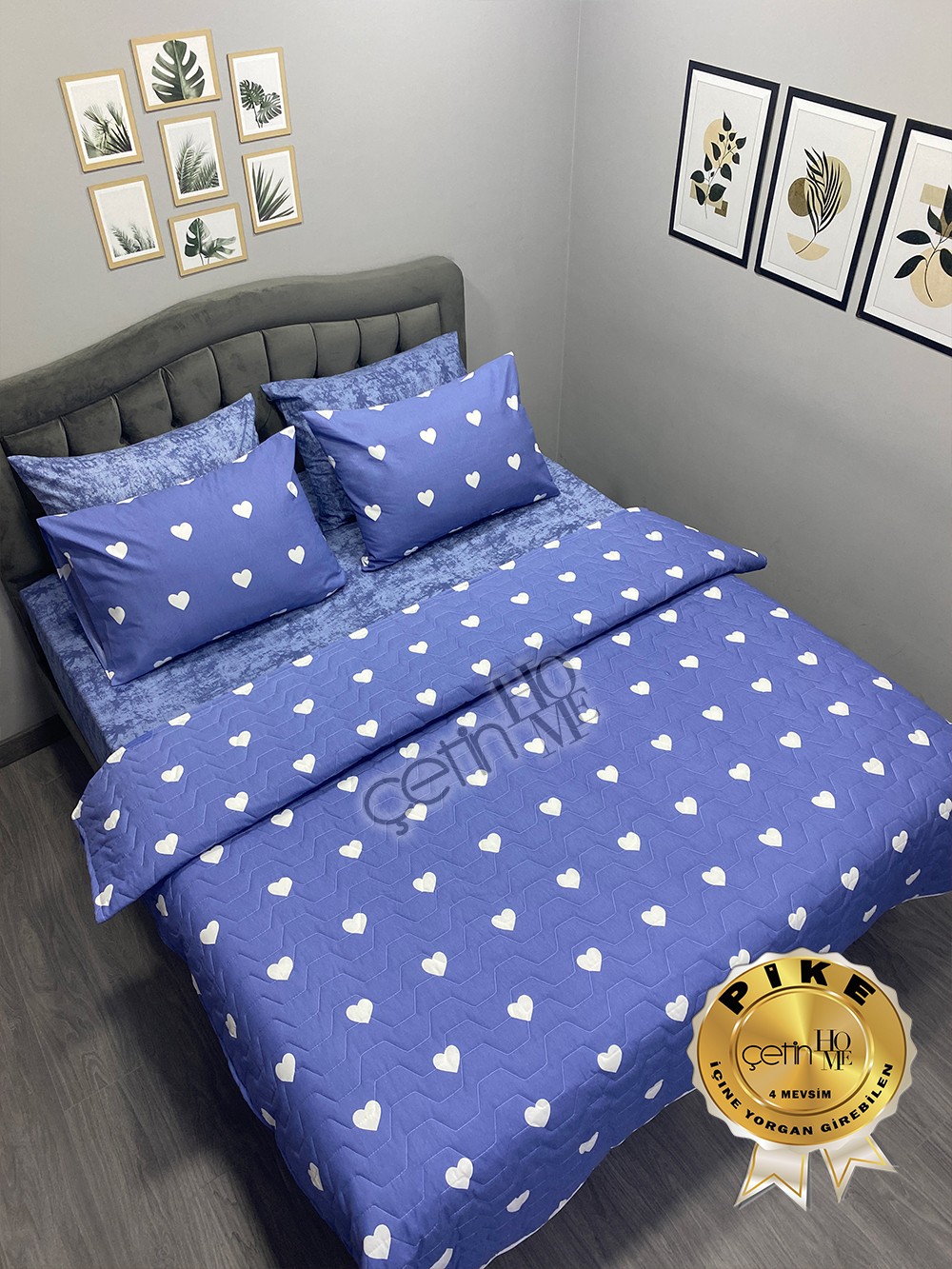 Çetinhome Çift Kişilik Çarşafı Lastikli Kapitone Pike Takımı 4 Mevsim Blue Kalp