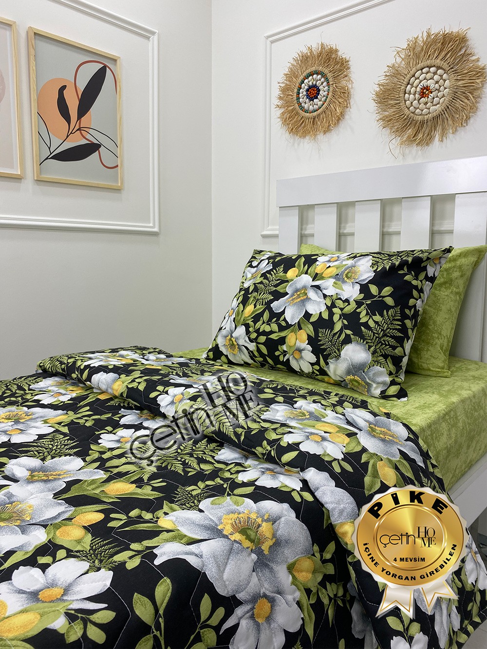 Çetinhome Tek Kişilik Çarşafı Lastikli Kapitone Pike Takımı 4 Mevsim Limon Çiçeği