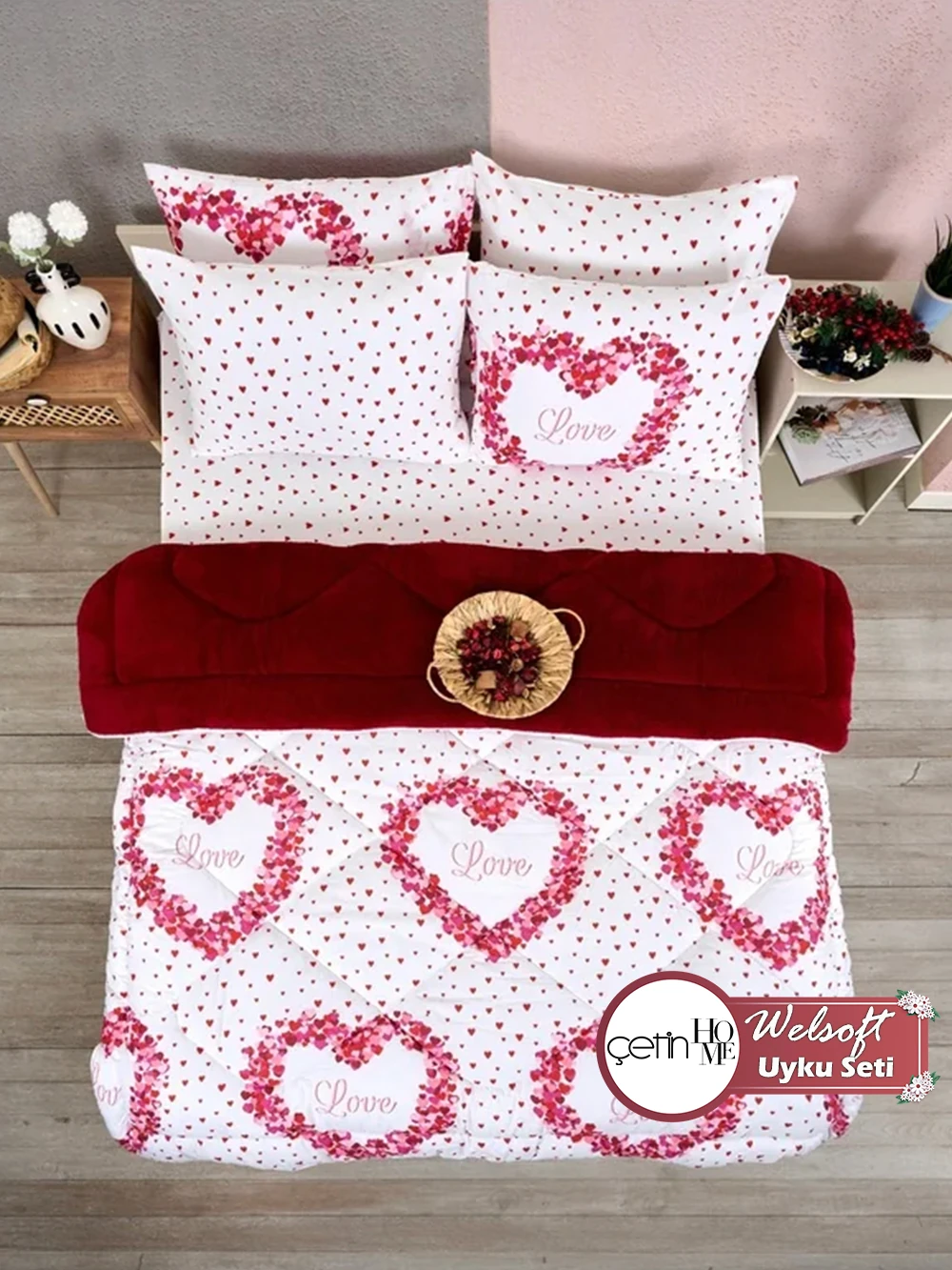 Çetinhome Çift Kişilik Çarşafı Lastikli Welsoft Uyku Seti - Love Kırmızı