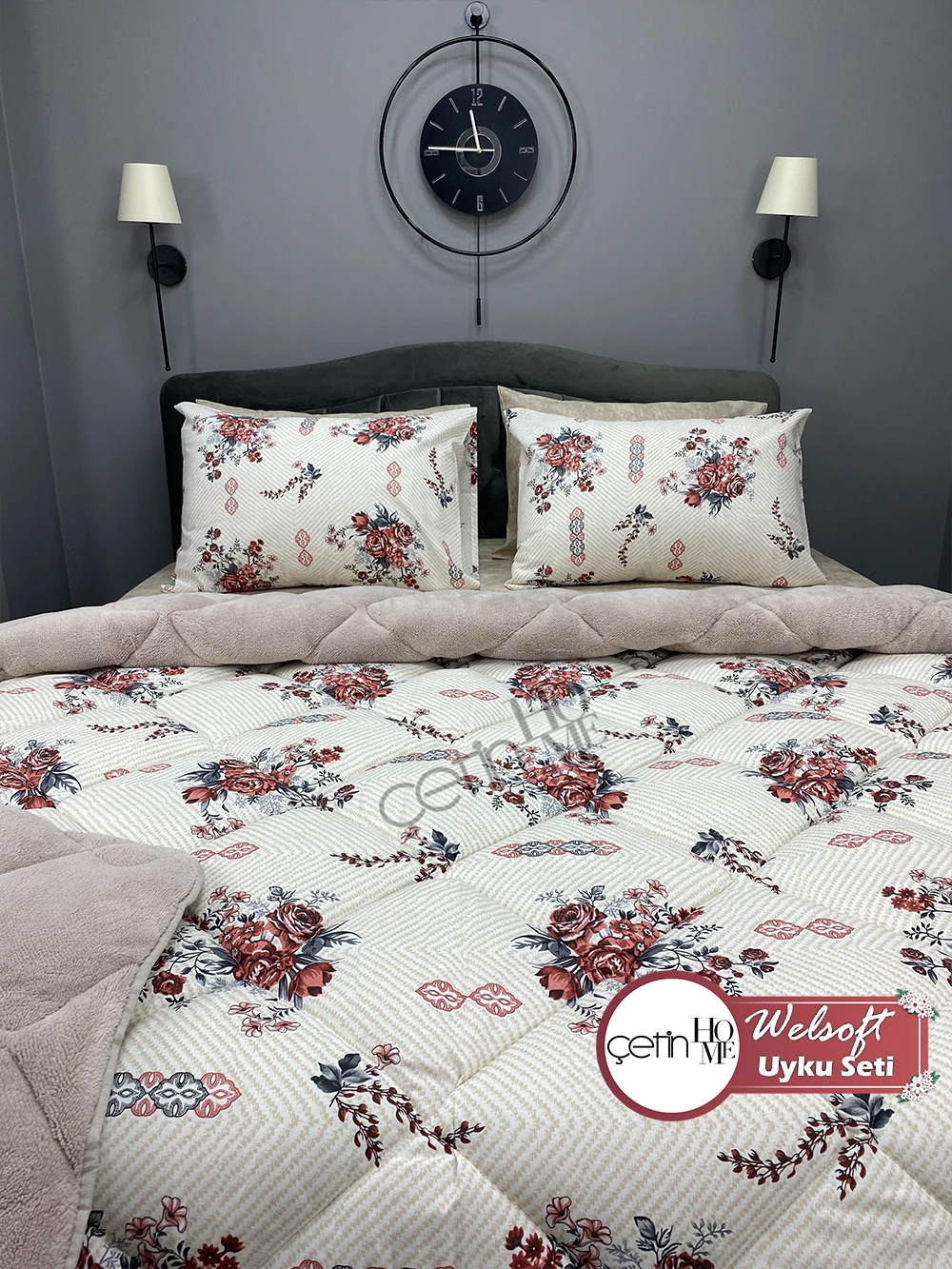 Çetinhome Çift Kişilik Çarşafı Lastikli Desenli Welsoft Yorgan Seti Hanzade