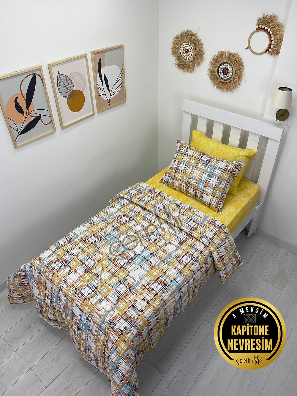 Çetinhome Tek Kişilik Çarşafı Lastikli Kapitone Pike Takımı 4 Mevsim Ebruli Sarı