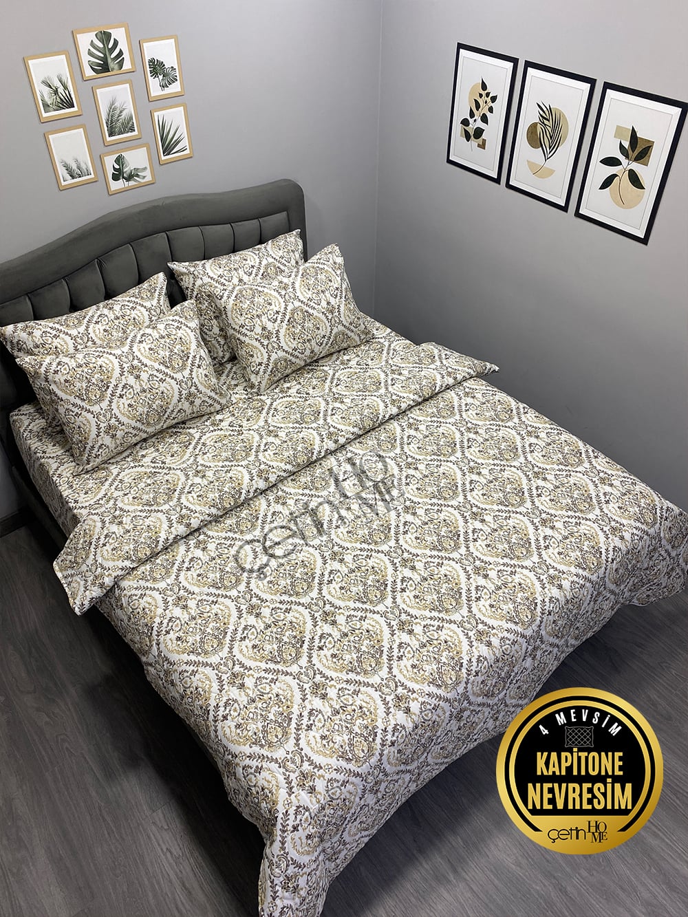 Çetinhome Çift Kişilik Çarşafı Lastikli Kapitone Pike Takımı 4 Mevsim Harem Gold