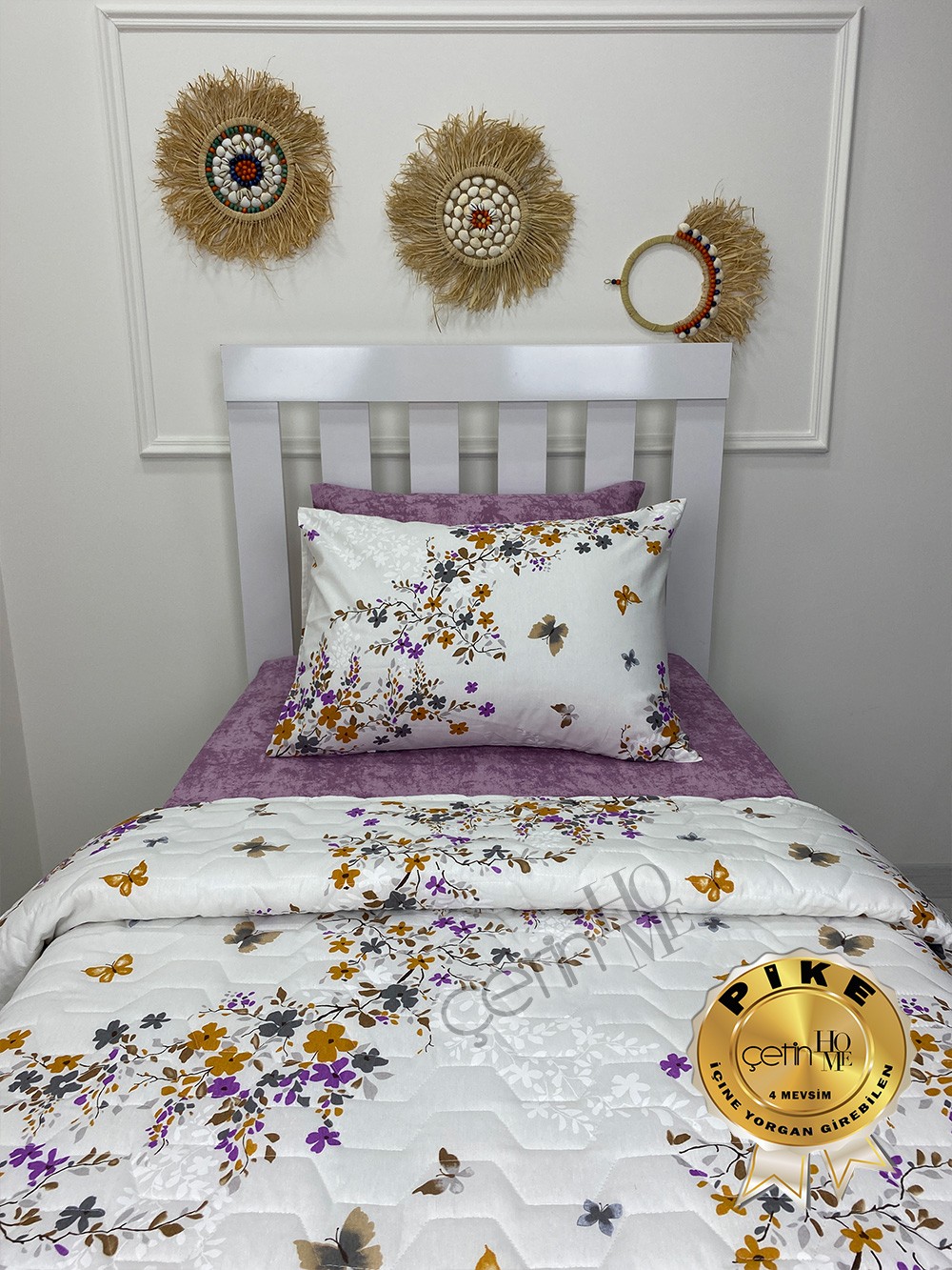 Çetinhome Tek Kişilik Çarşafı Lastikli Kapitone Pike Takımı 4 Mevsim Bahar Fuşya