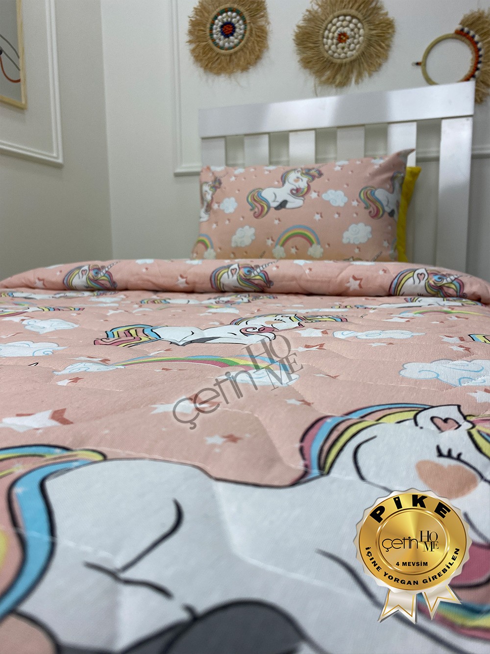 Çetinhome Tek Kişilik Çarşafı Lastikli Kapitone Pike Takımı 4 Mevsim Unicorn