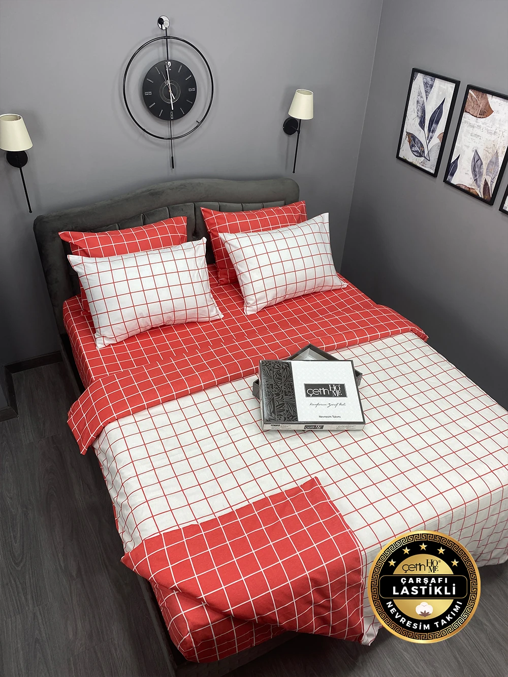 Çetinhome Çarşafı Lastikli Çift Kişilik Nevresim Takımı Kare Kiremit