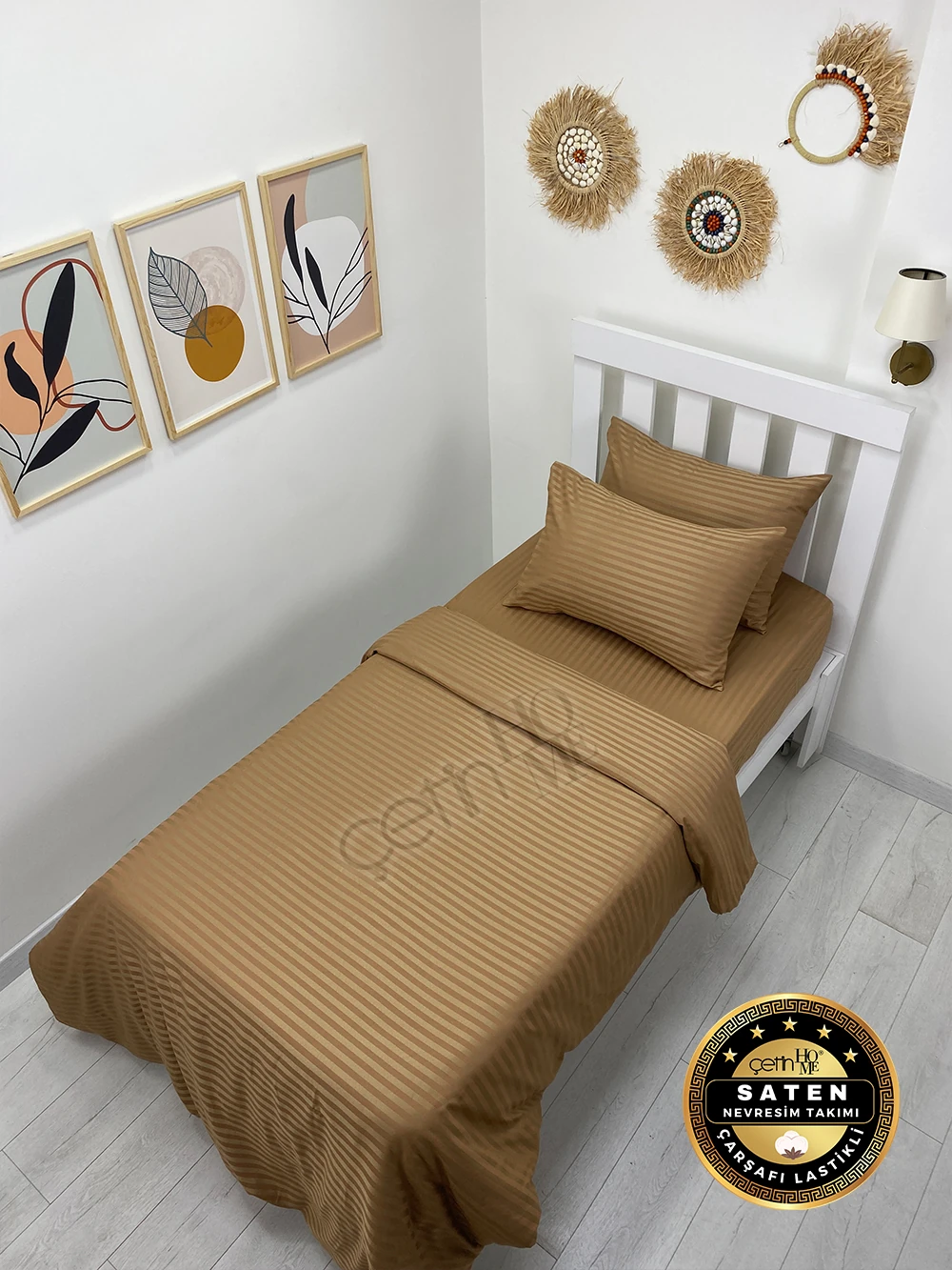 Çetinhome Çizgili Saten Nevresim Takımı - Kahverengi