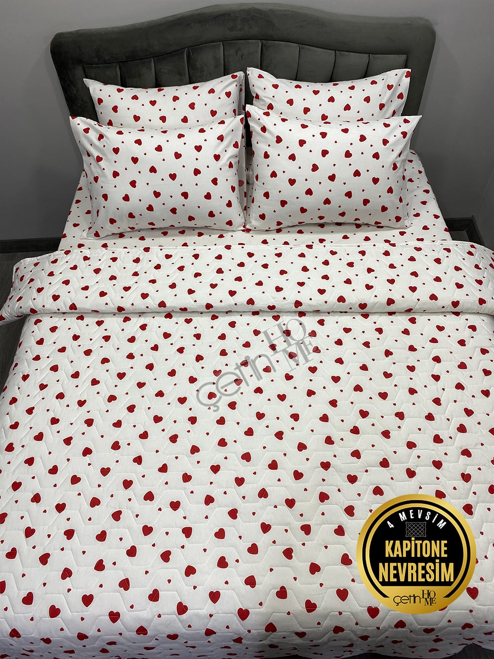 Çetinhome Çift Kişilik Çarşafı Lastikli Kapitone Pike Takımı 4 Mevsim Kalp