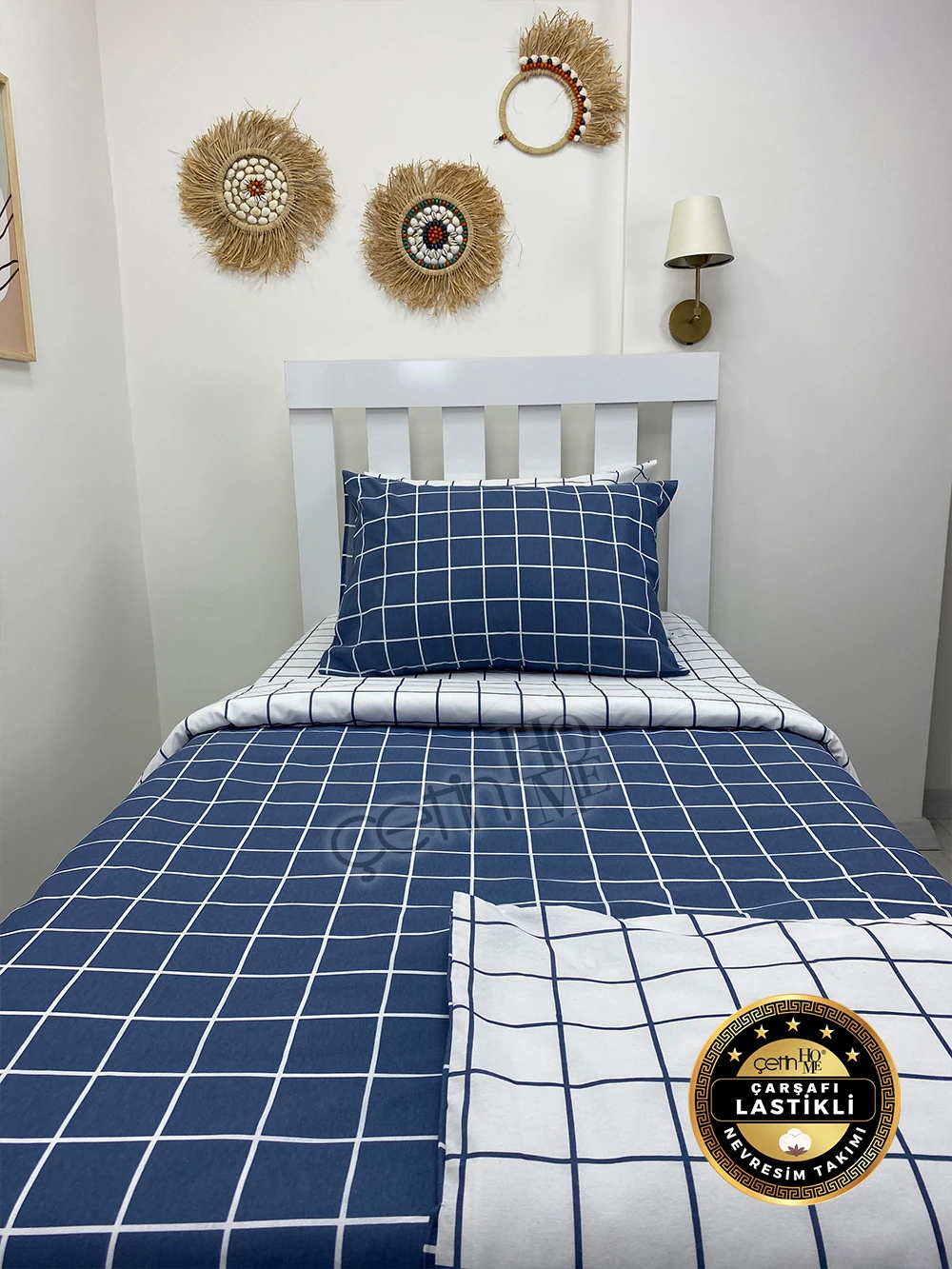 Çetinhome Çarşafı Lastikli Tek Kişilik Nevresim Takımı Kare Mavi-Beyaz