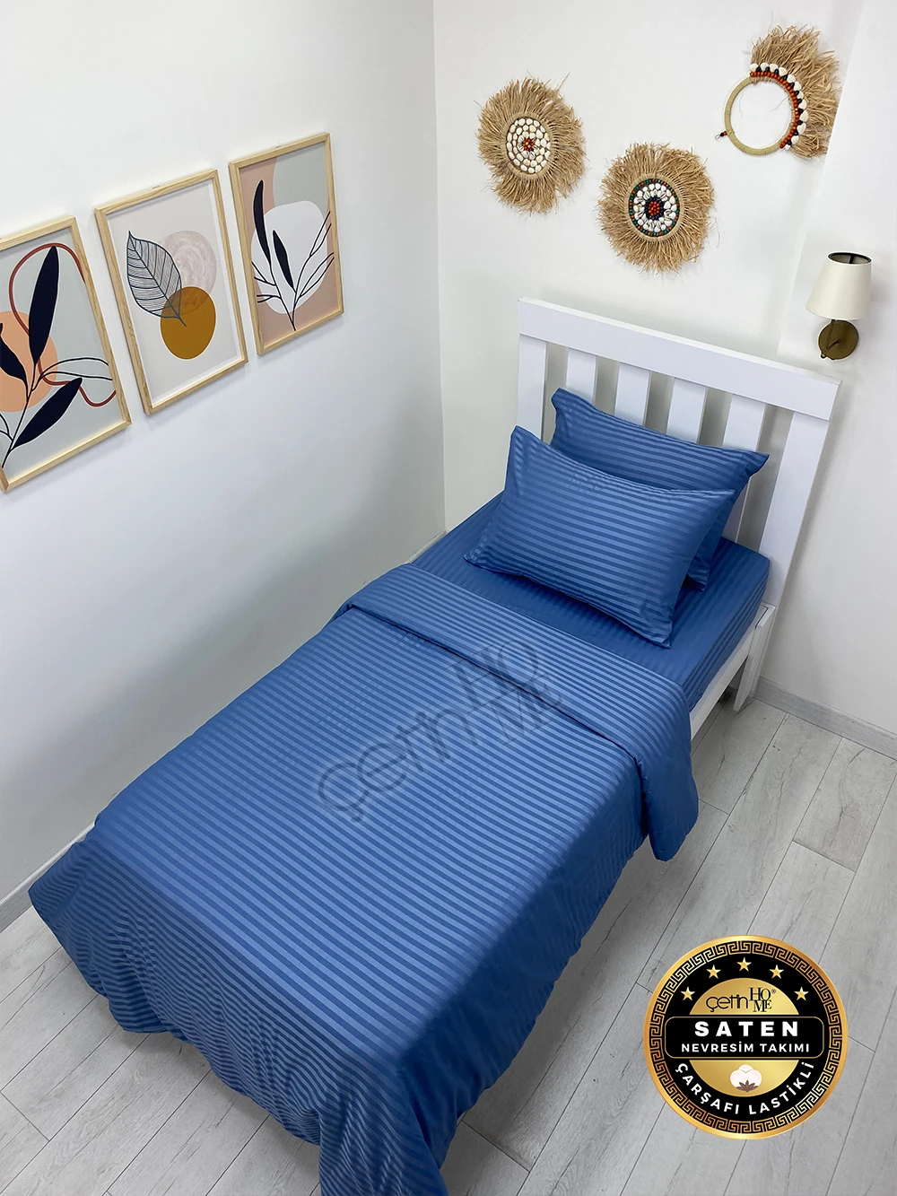 Çetinhome Çizgili Saten Nevresim Takımı - Indigo