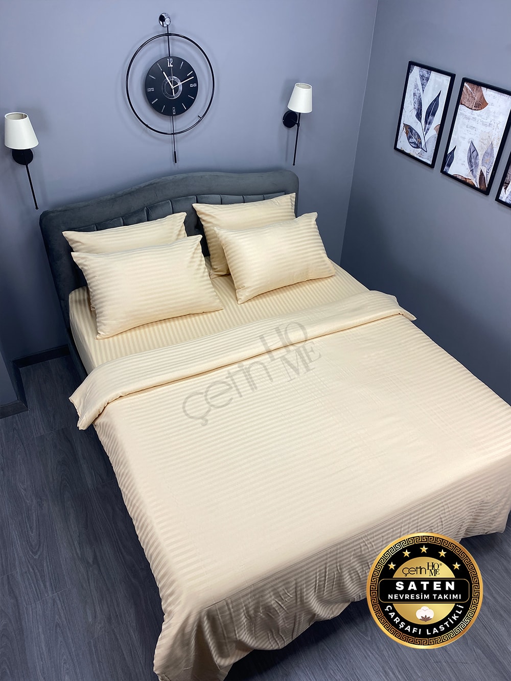 Çetinhome Çizgili Saten Nevresim Takımı - Krem