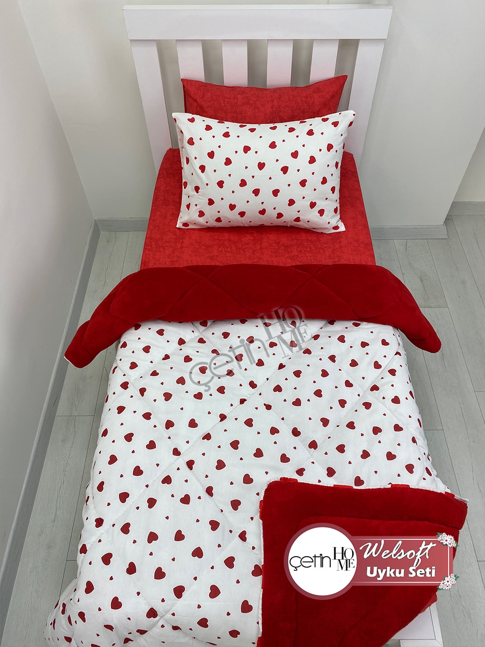 Çetinhome Tek Kişilik Çarşafı Lastikli Desenli Welsoft Yorgan Kalp Kırmızı
