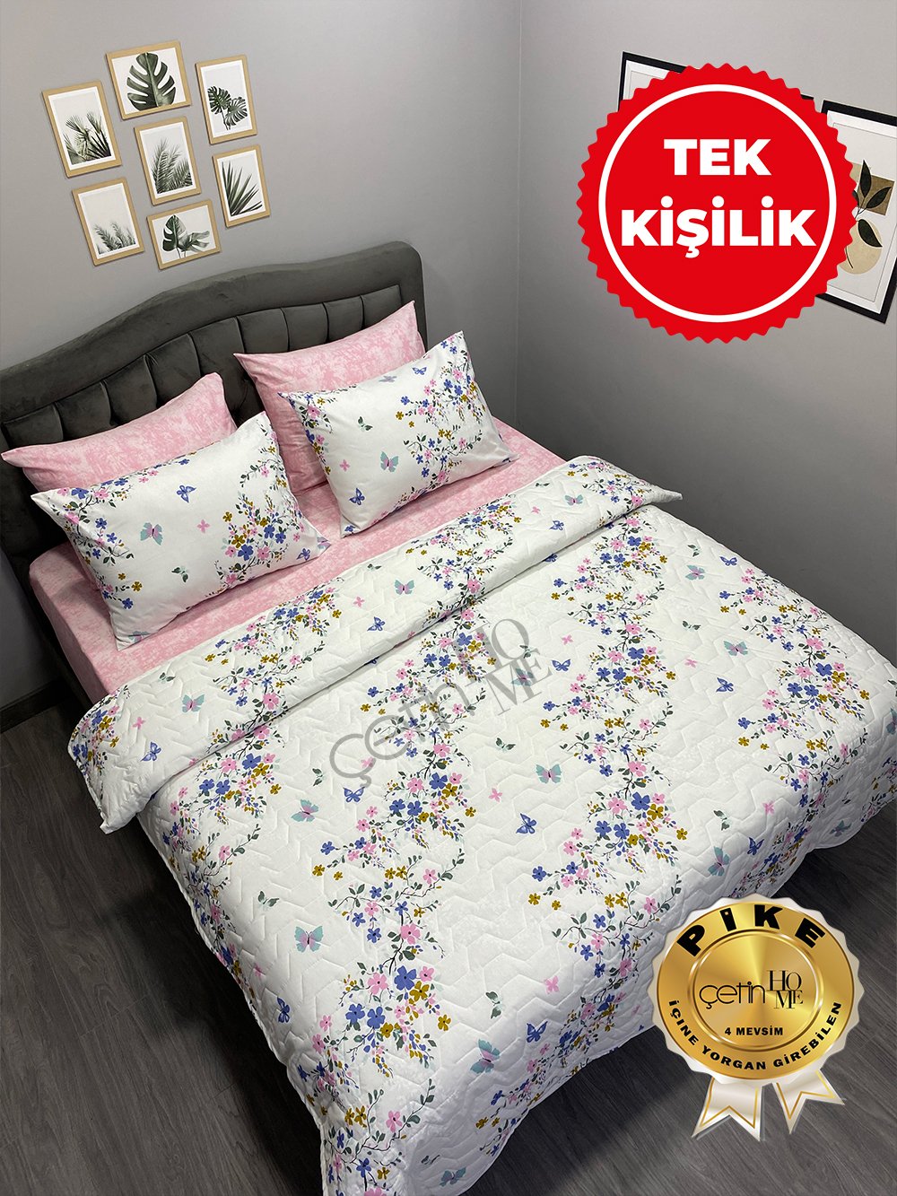 Çetinhome Tek Kişilik Çarşafı Lastikli Kapitone Pike Takımı 4 Mevsim Bahar