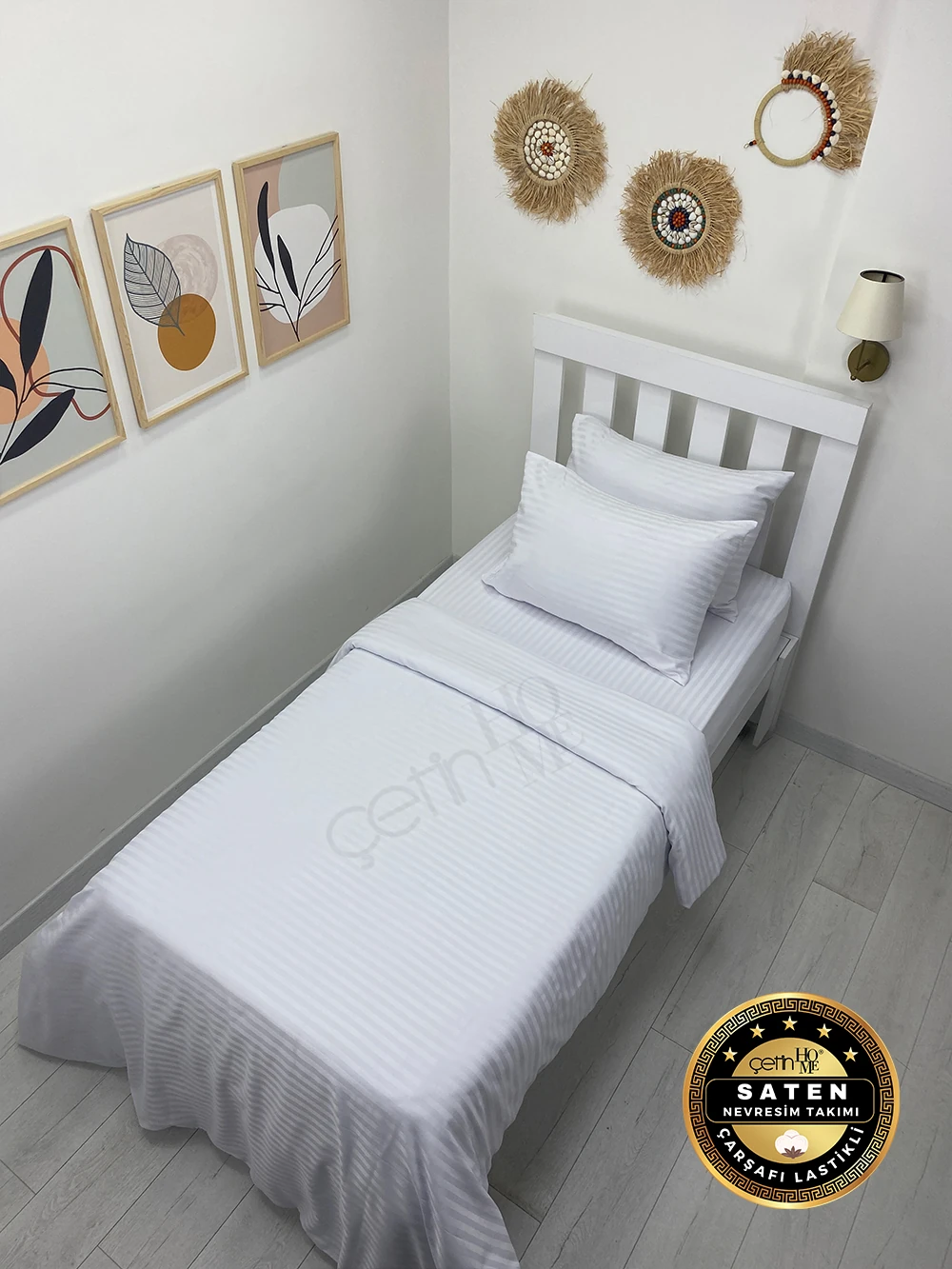 Çetinhome Tek Kişilik Çizgili Saten Nevresim Takımı - Beyaz