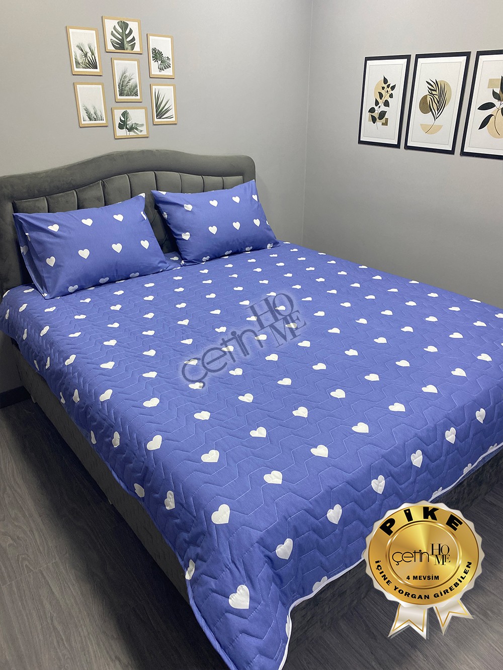 Çetinhome Çift Kişilik Kapitone Pike Seti 4 Mevsim Blue Kalp
