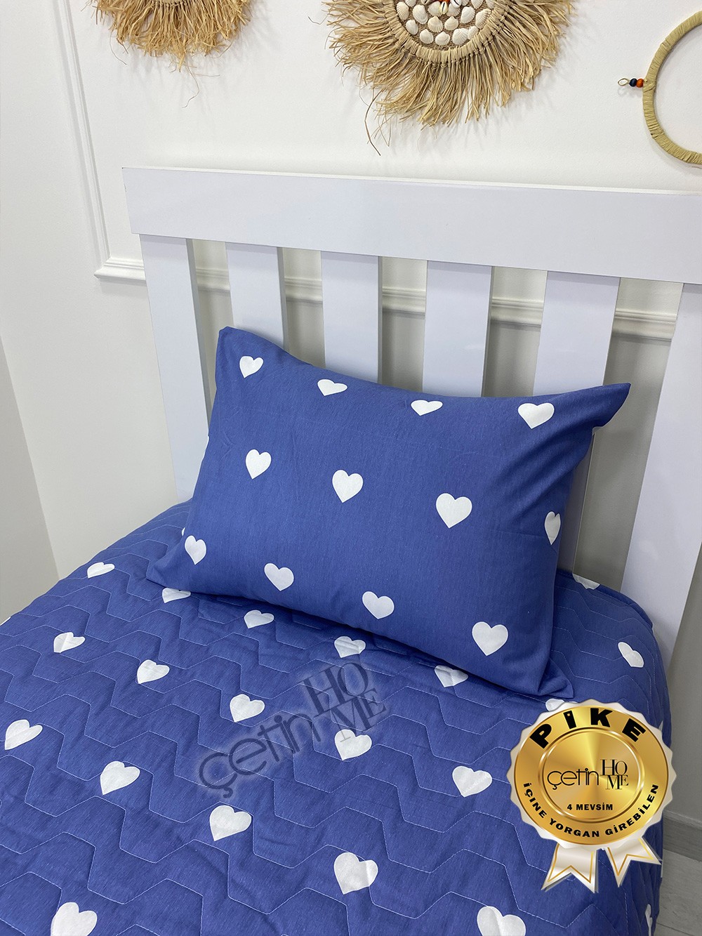 Çetinhome Tek Kişilik Kapitone Pike Seti 4 Mevsim Blue Kalp