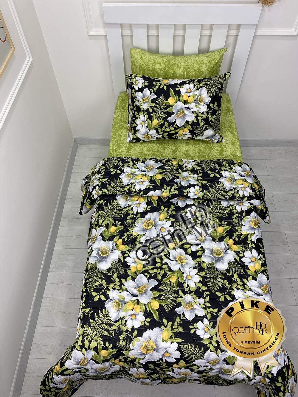 Çetinhome Tek Kişilik Çarşafı Lastikli Kapitone Pike Takımı 4 Mevsim Limon Çiçeği