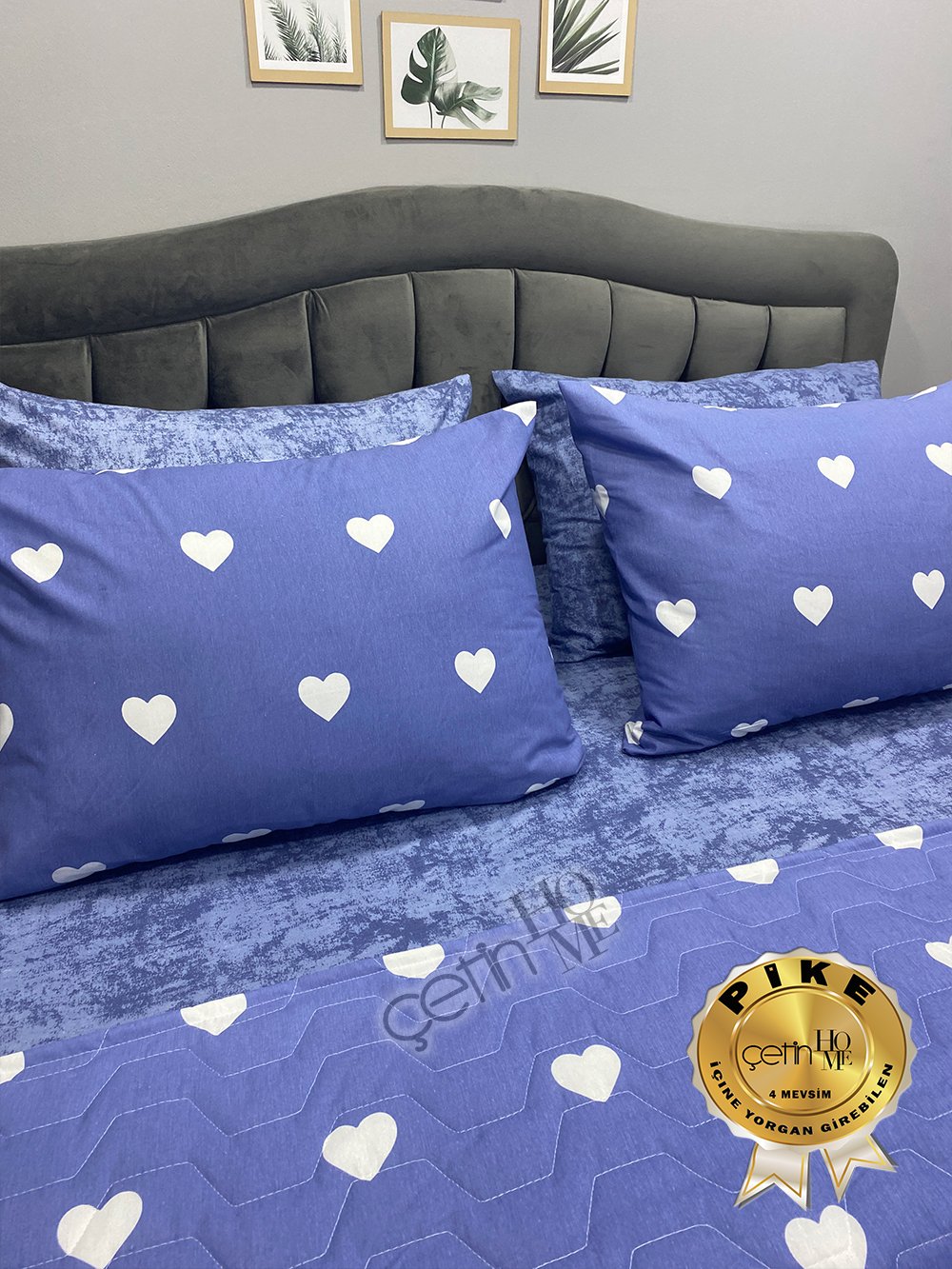 Çetinhome Çift Kişilik Çarşafı Lastikli Kapitone Pike Takımı 4 Mevsim Blue Kalp