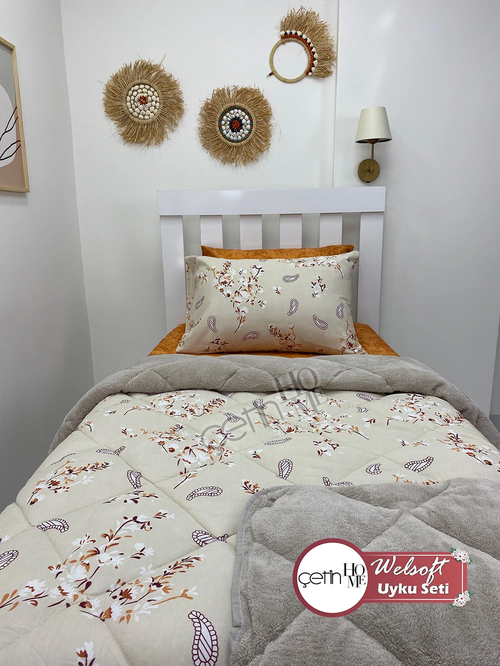 Çetinhome Tek Kişilik Çarşafı Lastikli Desenli Welsoft Yorgan Lavinya Bej