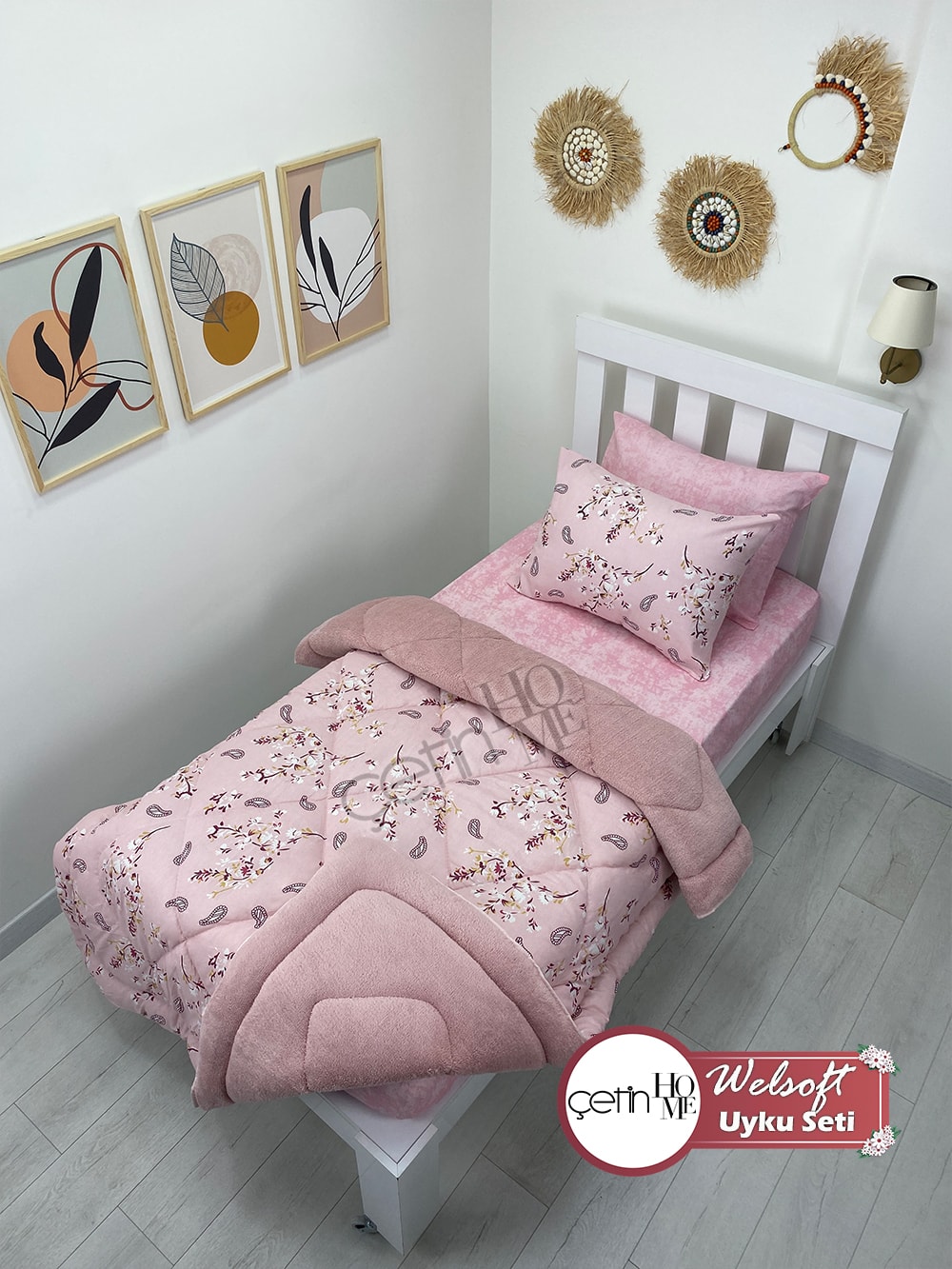 Çetinhome Tek Kişilik Çarşafı Lastikli Desenli Welsoft Yorgan Lavinya Pudra