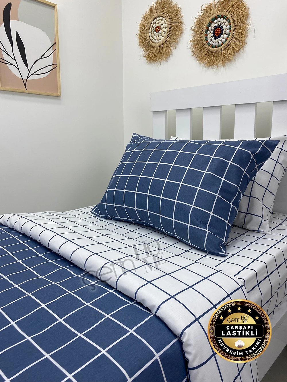 Çetinhome Çarşafı Lastikli Tek Kişilik Nevresim Takımı Kare Mavi-Beyaz