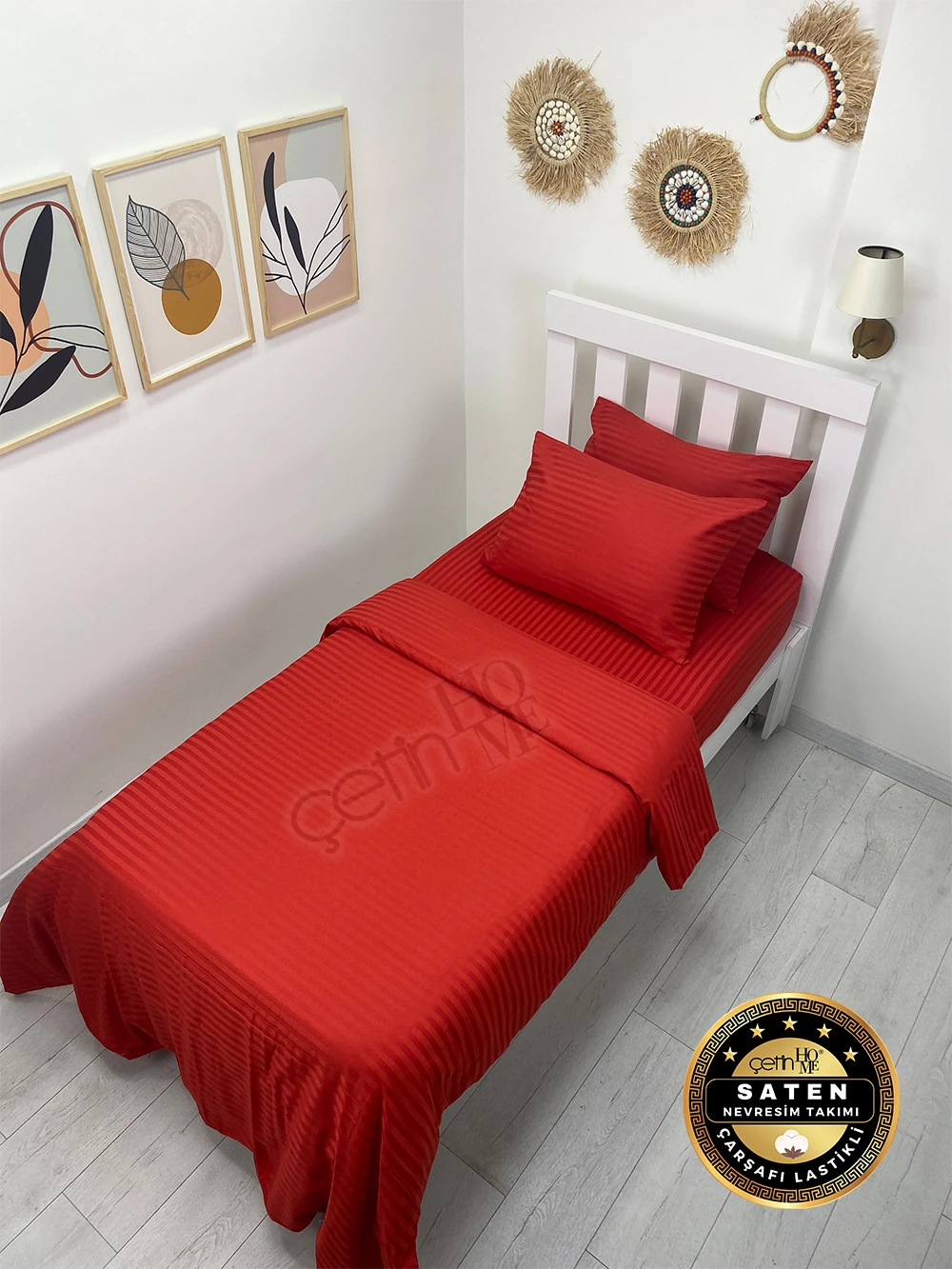 Çetinhome Tek Kişilik Çizgili Saten Nevresim Takımı - Kırmızı