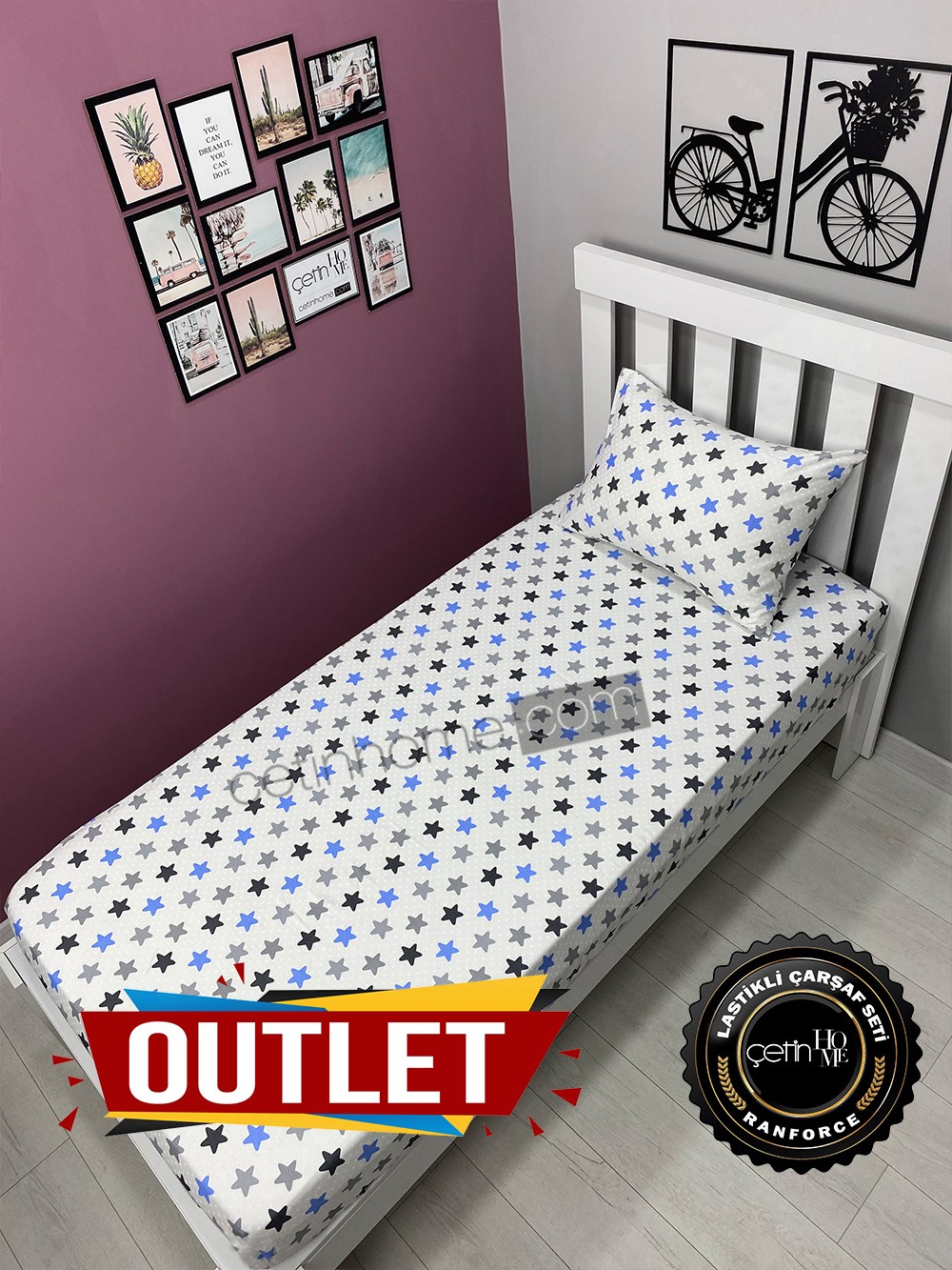 Outlet Kumaş Lastikli Çarşaf Seti Tek Kişilik Mavi Yıldız