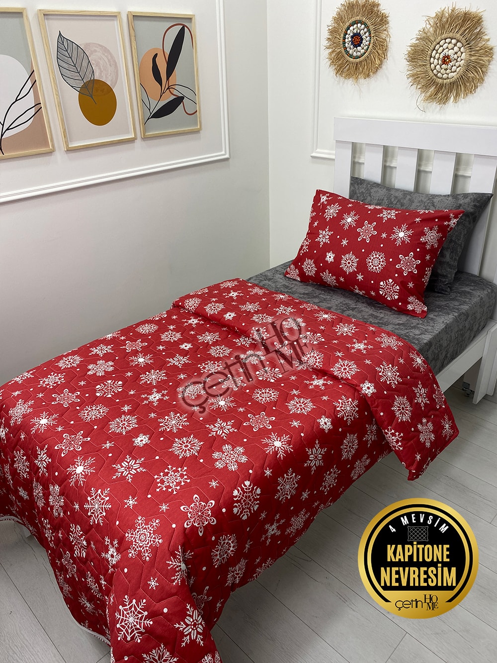 Çetinhome Tek Kişilik Çarşafı Lastikli Kapitone Pike Takımı 4 Mevsim Kar