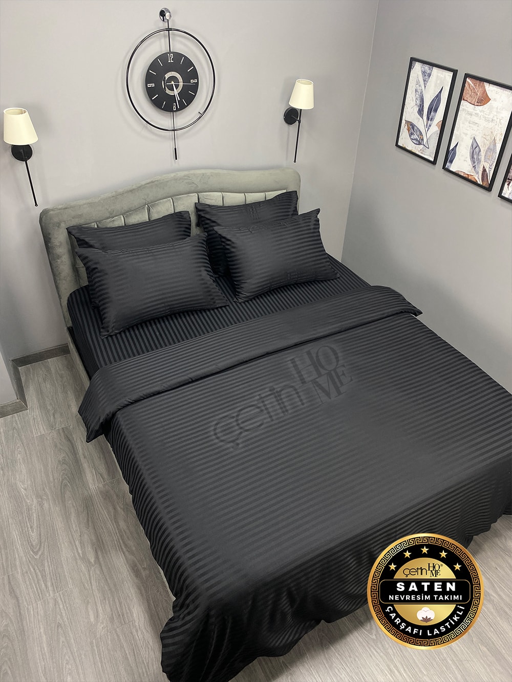 Çetinhome Çizgili Saten Nevresim Takımı - Siyah