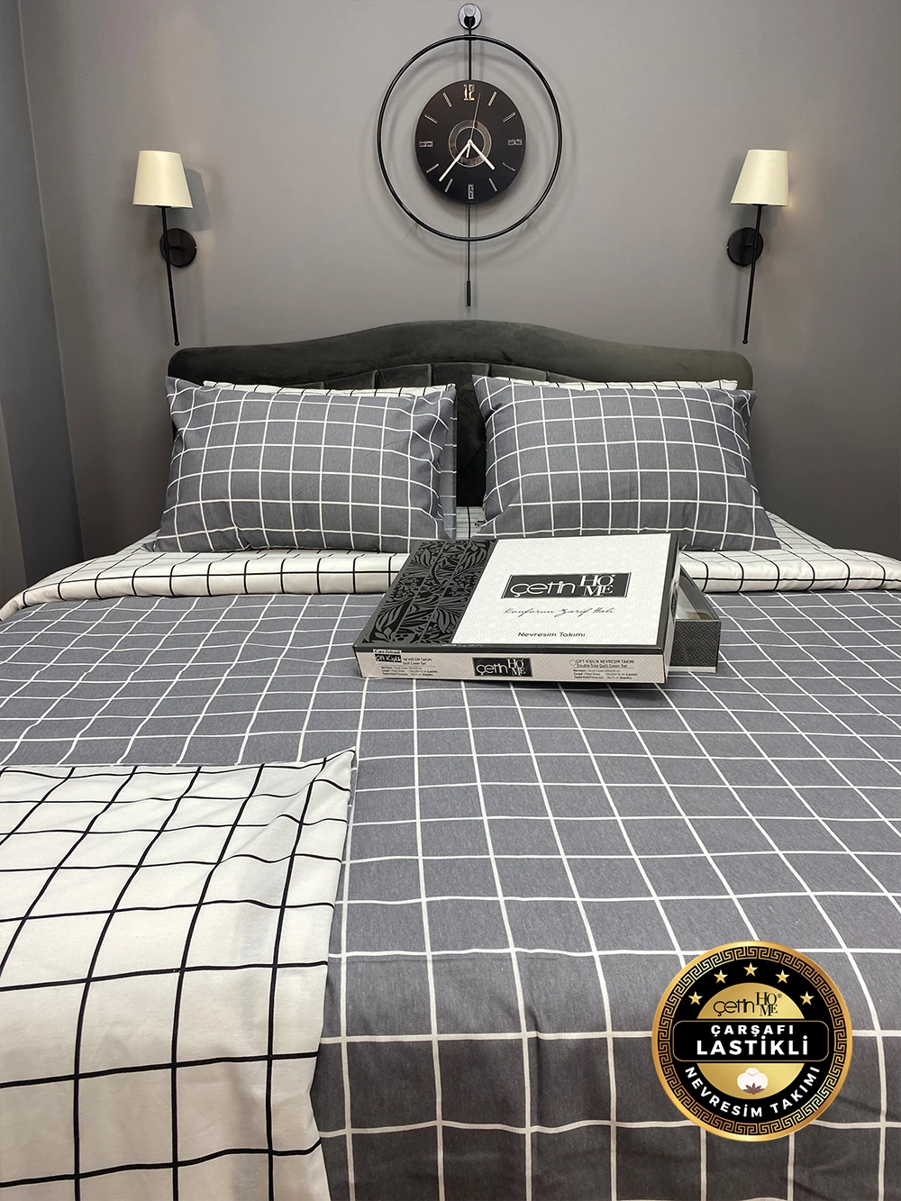 Çetinhome Çarşafı Lastikli Çift Kişilik Nevresim Takımı Kare Antrasit