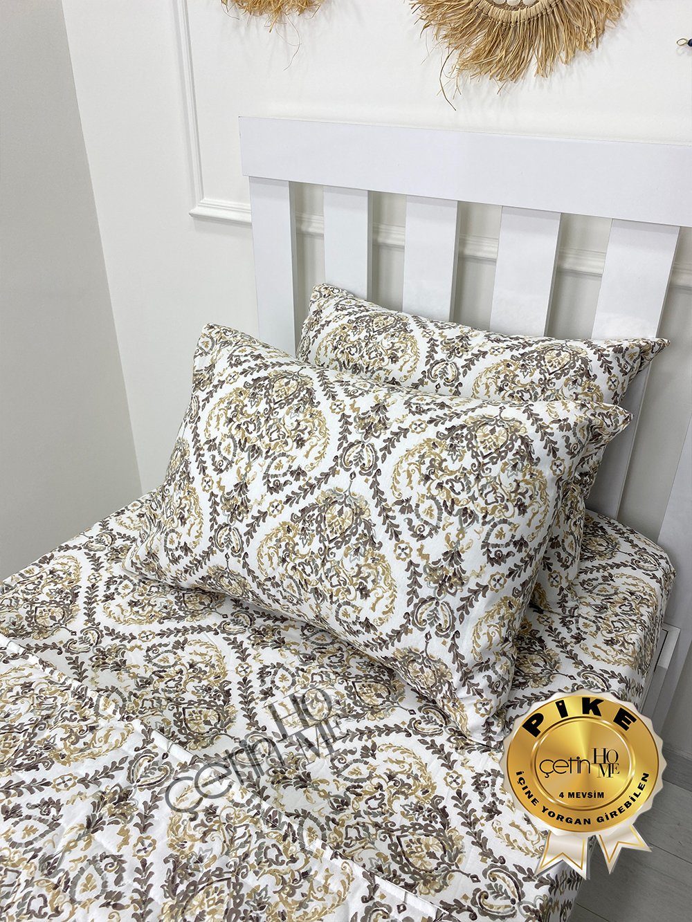 Çetinhome Tek Kişilik Çarşafı Lastikli Kapitone Pike Takımı 4 Mevsim Harem Gold