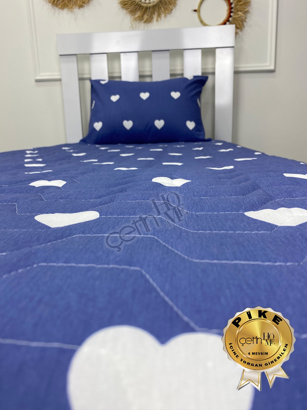 Çetinhome Tek Kişilik Kapitone Pike Seti 4 Mevsim Blue Kalp