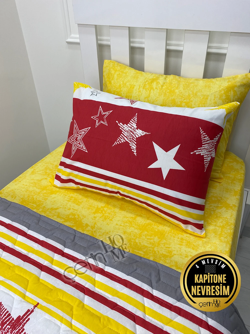 Çetinhome Tek Kişilik Çarşafı Lastikli Kapitone Pike Takımı 4 Mevsim Sarı Kırmızı