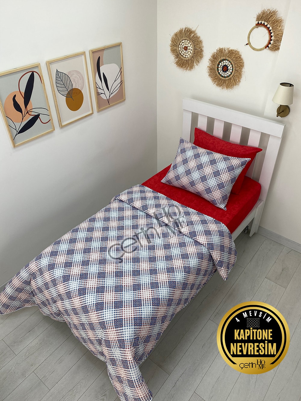 Çetinhome Tek Kişilik Çarşafı Lastikli Kapitone Pike Takımı 4 Mevsim Milan Kırmızı