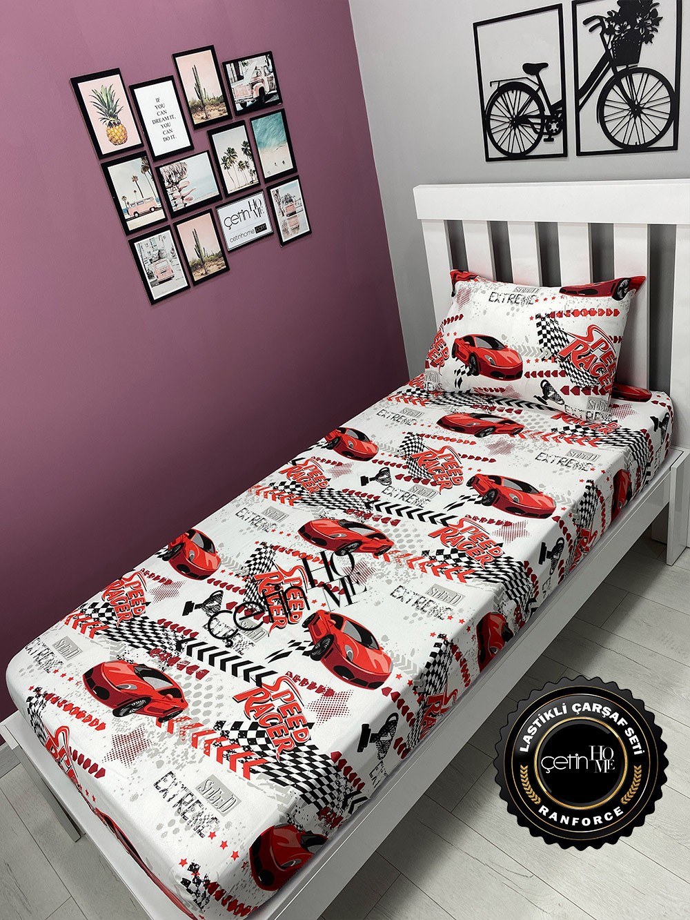 Kumaş Lastikli Çarşaf Seti Tek Kişilik 3 Ebat Red Racer