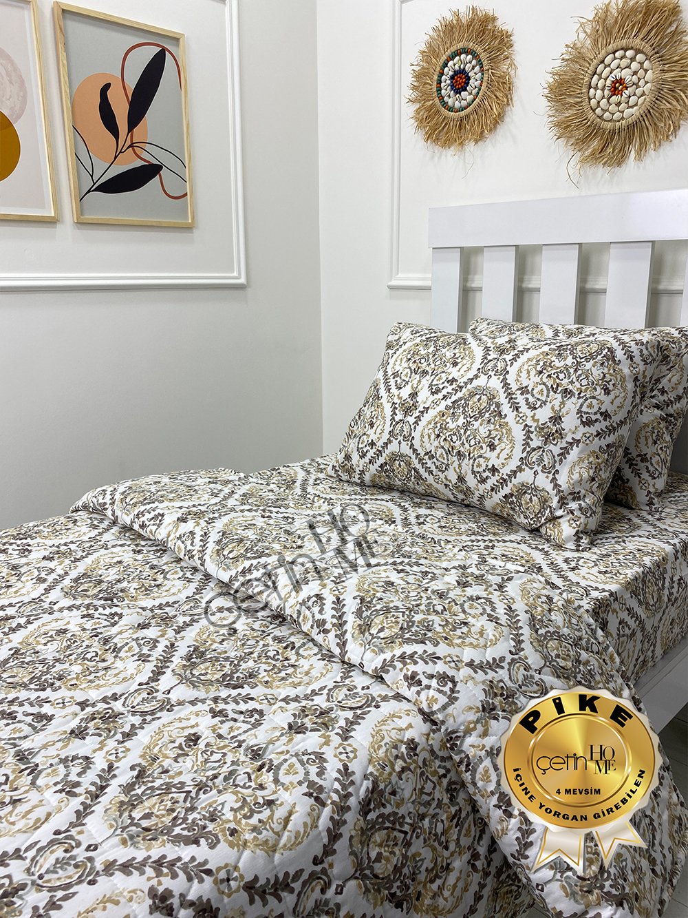 Çetinhome Tek Kişilik Çarşafı Lastikli Kapitone Pike Takımı 4 Mevsim Harem Gold