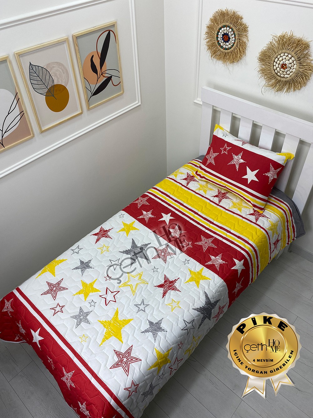 Çetinhome Tek Kişilik Kapitone Pike Seti 4 Mevsim Sarı Kırmızı