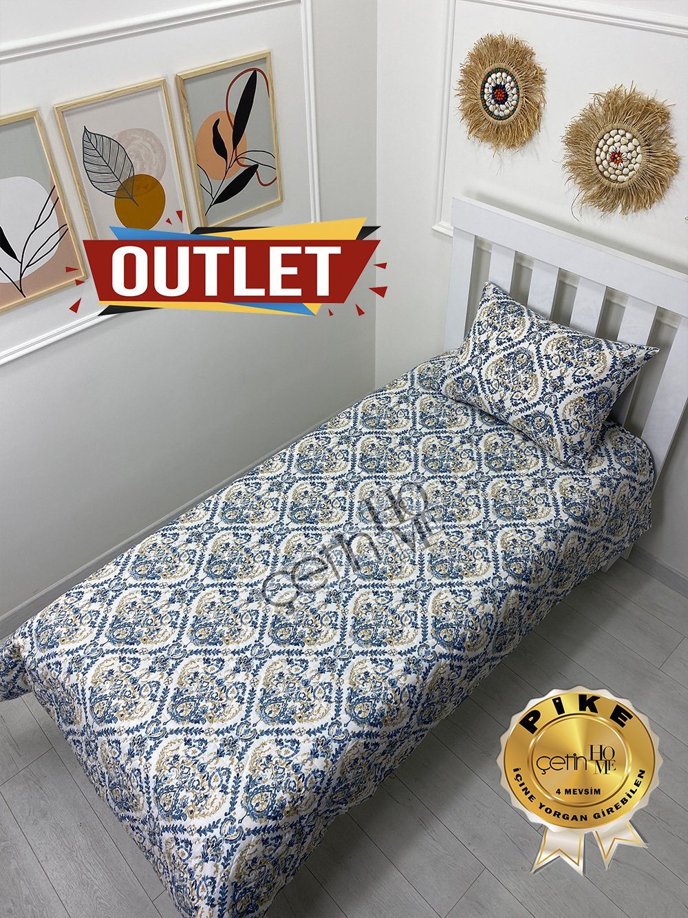Outlet Tek Kişilik Kapitone Pike Seti 4 Mevsim Harem Mavi