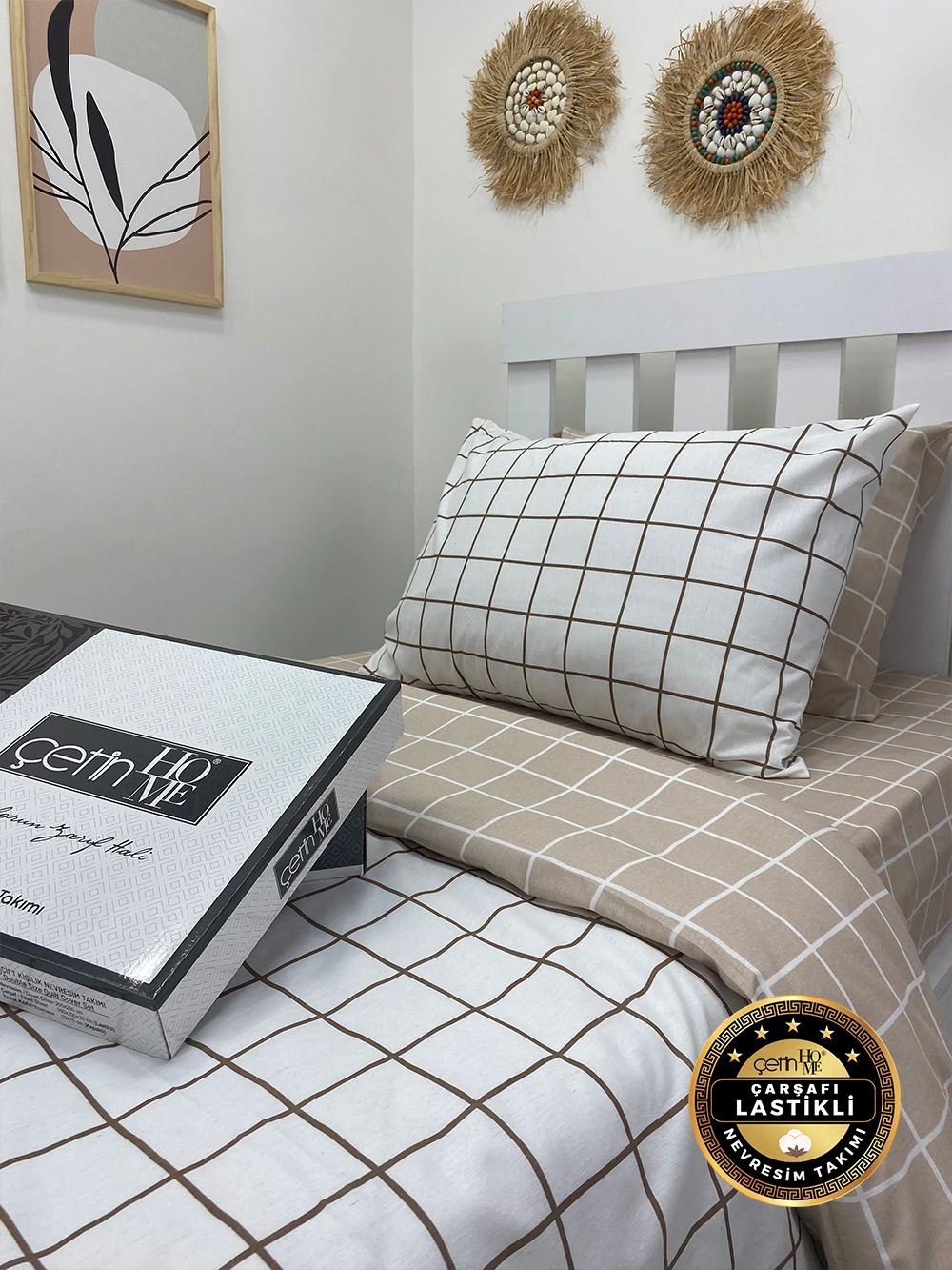 Çetinhome Çarşafı Lastikli Tek Kişilik Nevresim Takımı Kare Bej